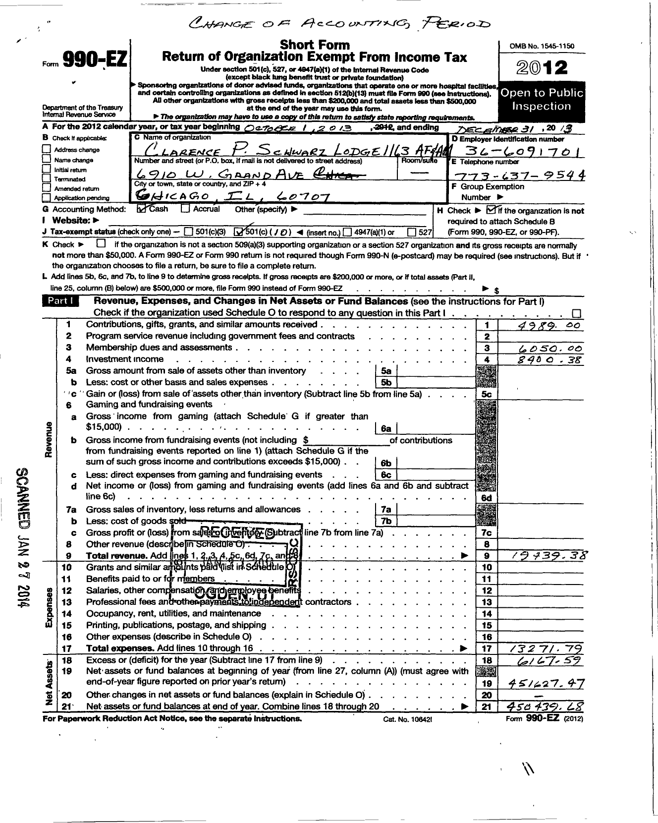 Image of first page of 2013 Form 990EO for Ancient Free & Accepted Masons of Illinois - 1163 Clarence P Schwarz Lodge