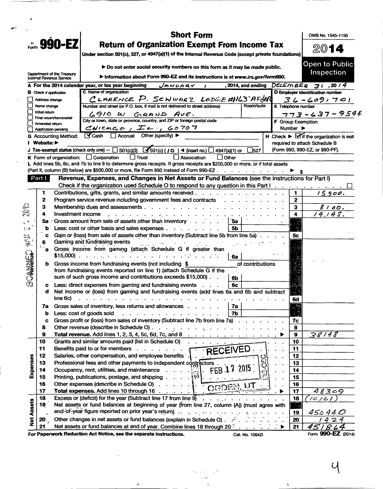 Image of first page of 2014 Form 990EO for Ancient Free & Accepted Masons of Illinois - 1163 Clarence P Schwarz Lodge