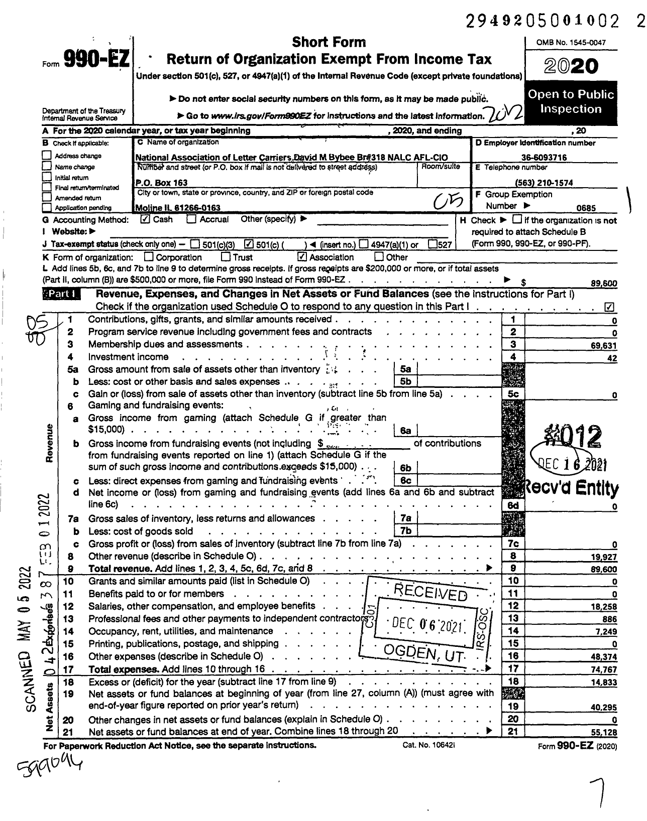 Image of first page of 2020 Form 990EO for National Association of Letter Carriers - 318 Moline Illinois