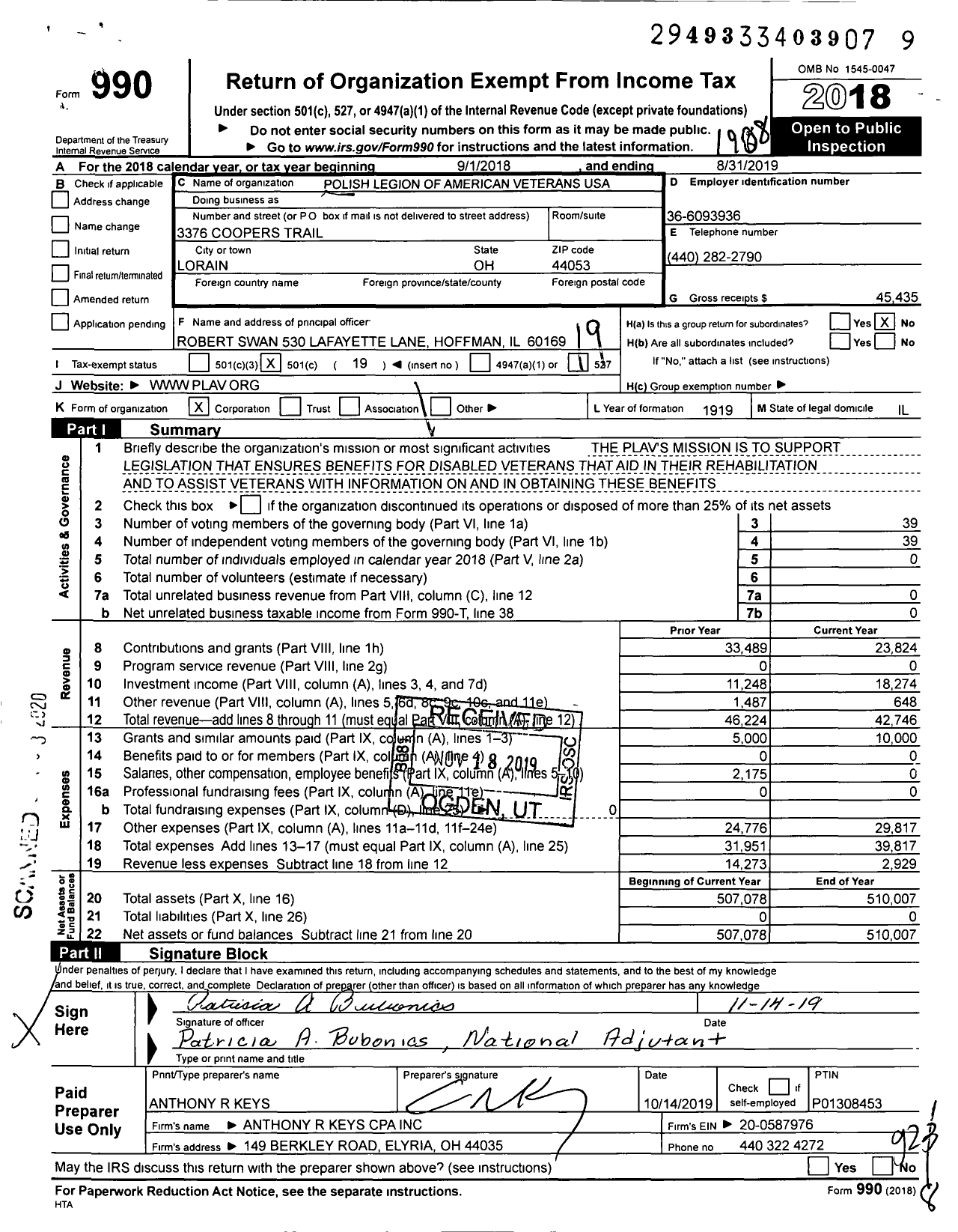 Image of first page of 2018 Form 990O for Polish Legion of American Veterans USA