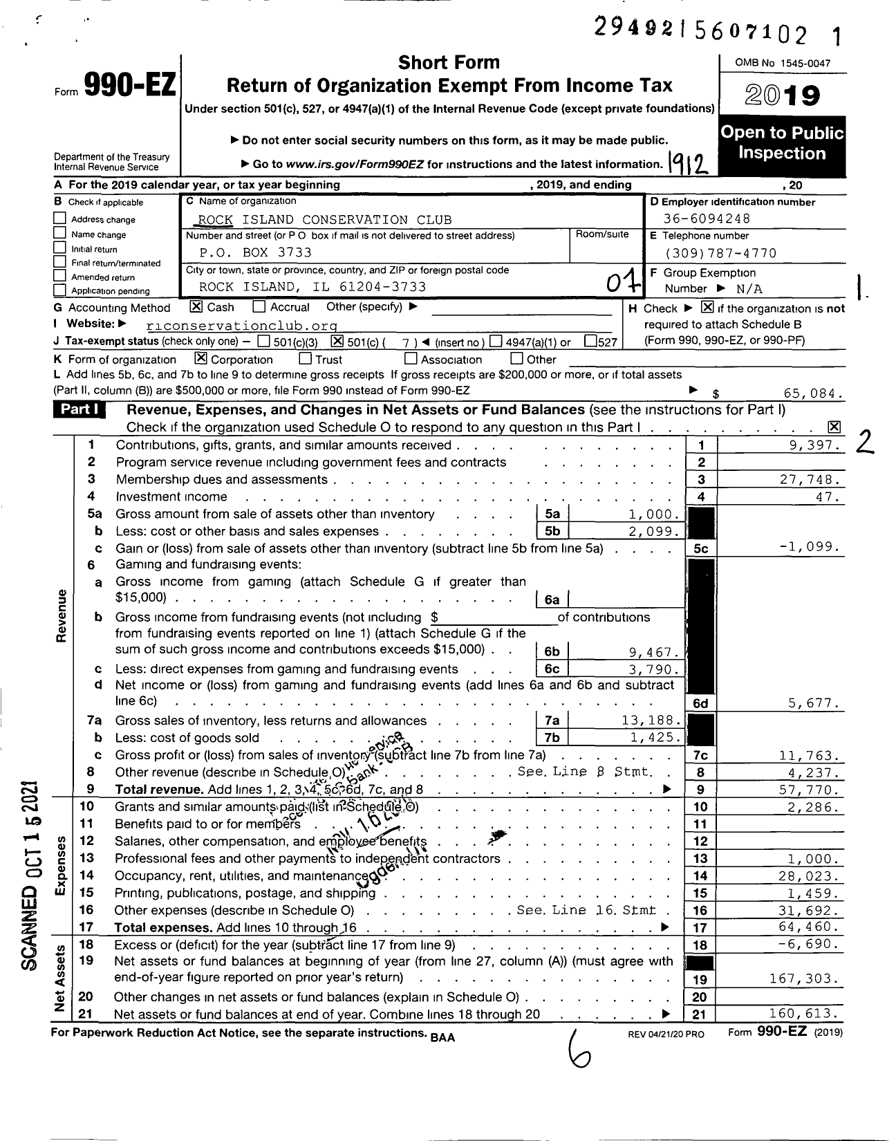 Image of first page of 2019 Form 990EO for Rock Island Conservation Club