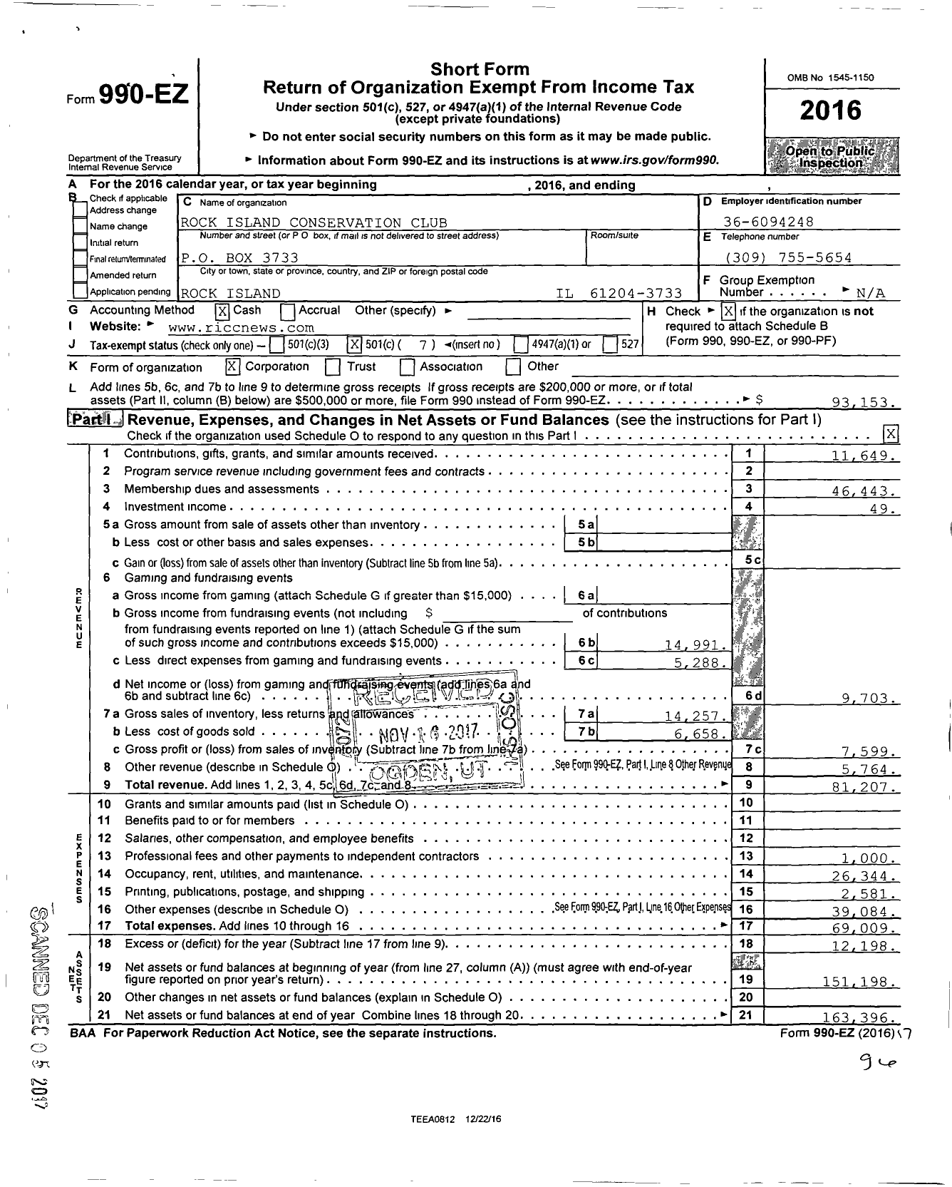 Image of first page of 2016 Form 990EO for Rock Island Conservation Club