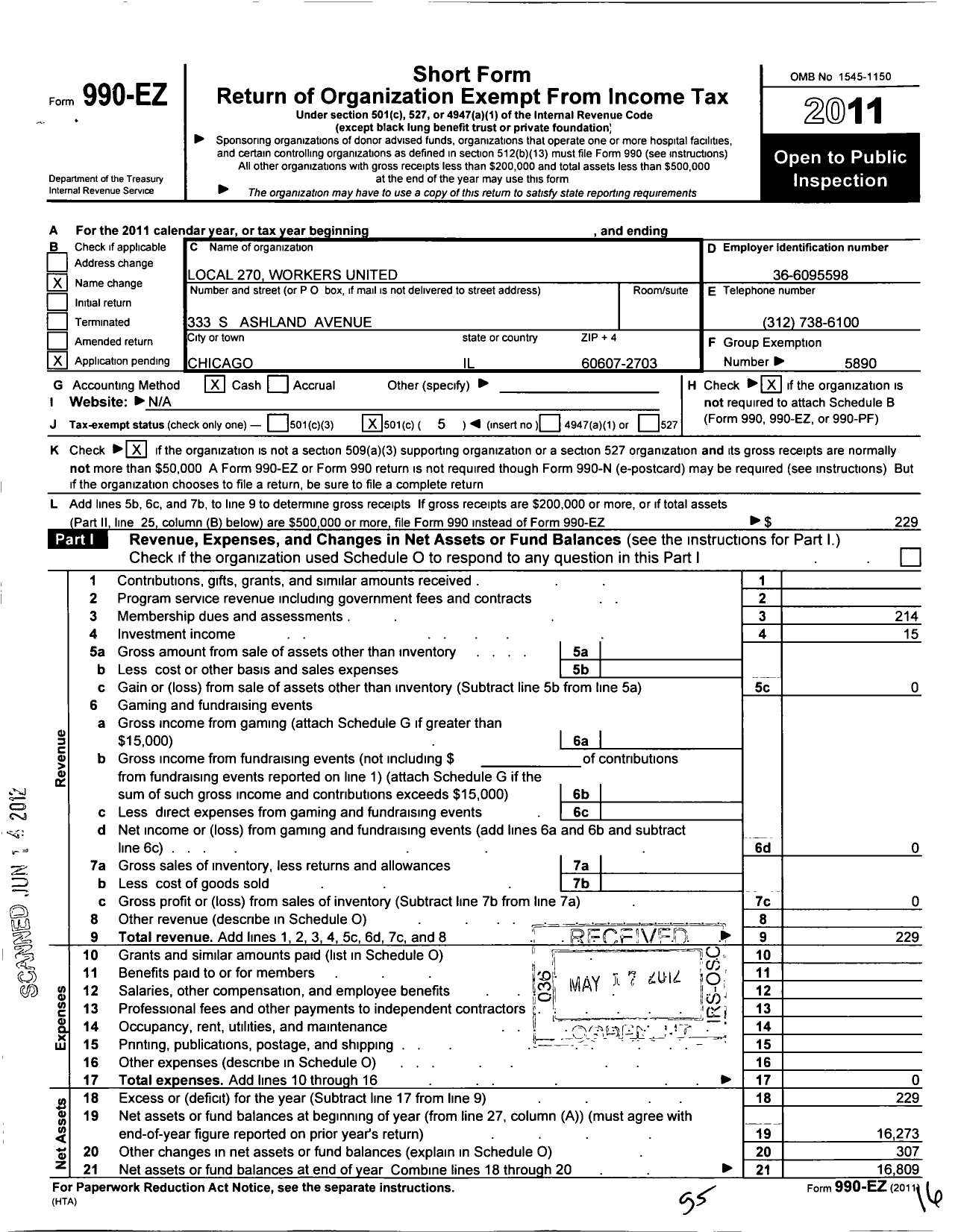 Image of first page of 2011 Form 990EO for Workers United - 270 Local Chicago