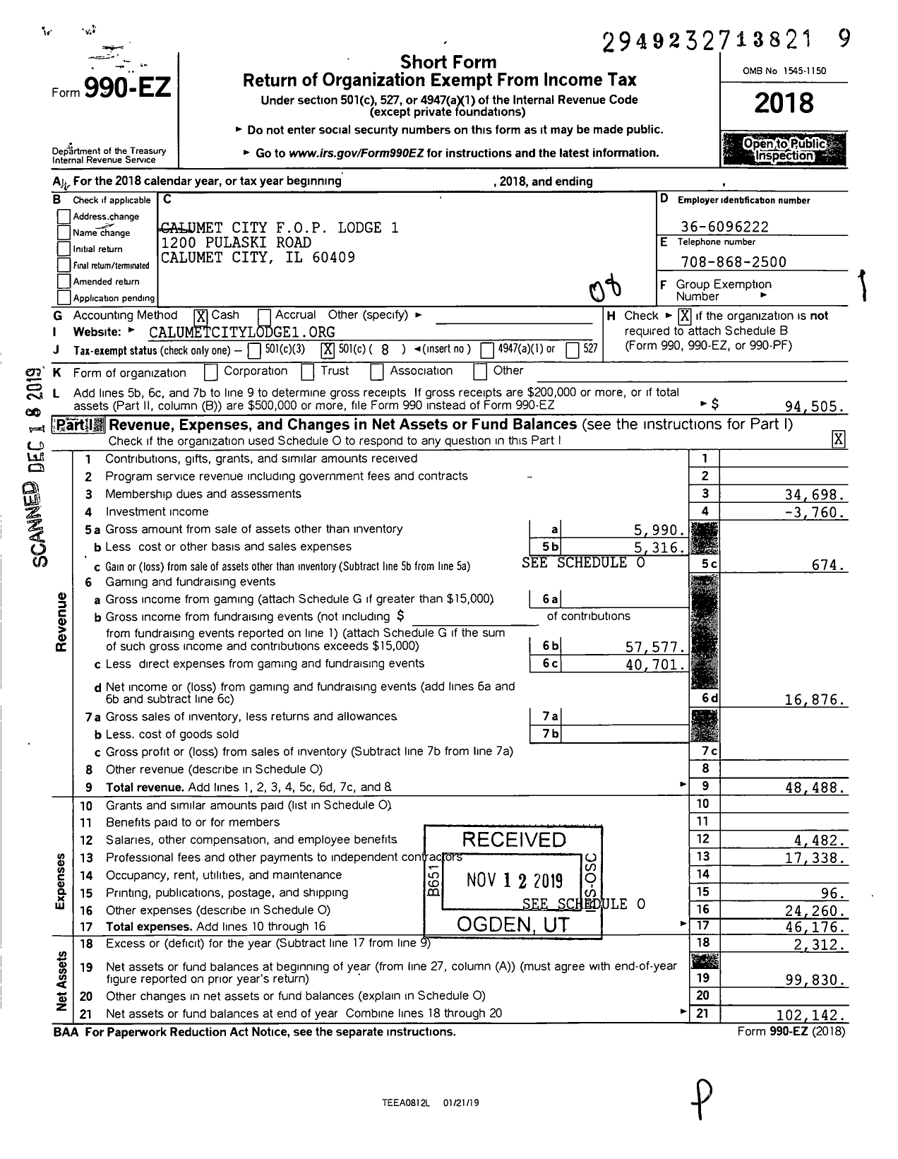 Image of first page of 2018 Form 990EO for Fraternal Order of Police - 1 Calumet City Lodge