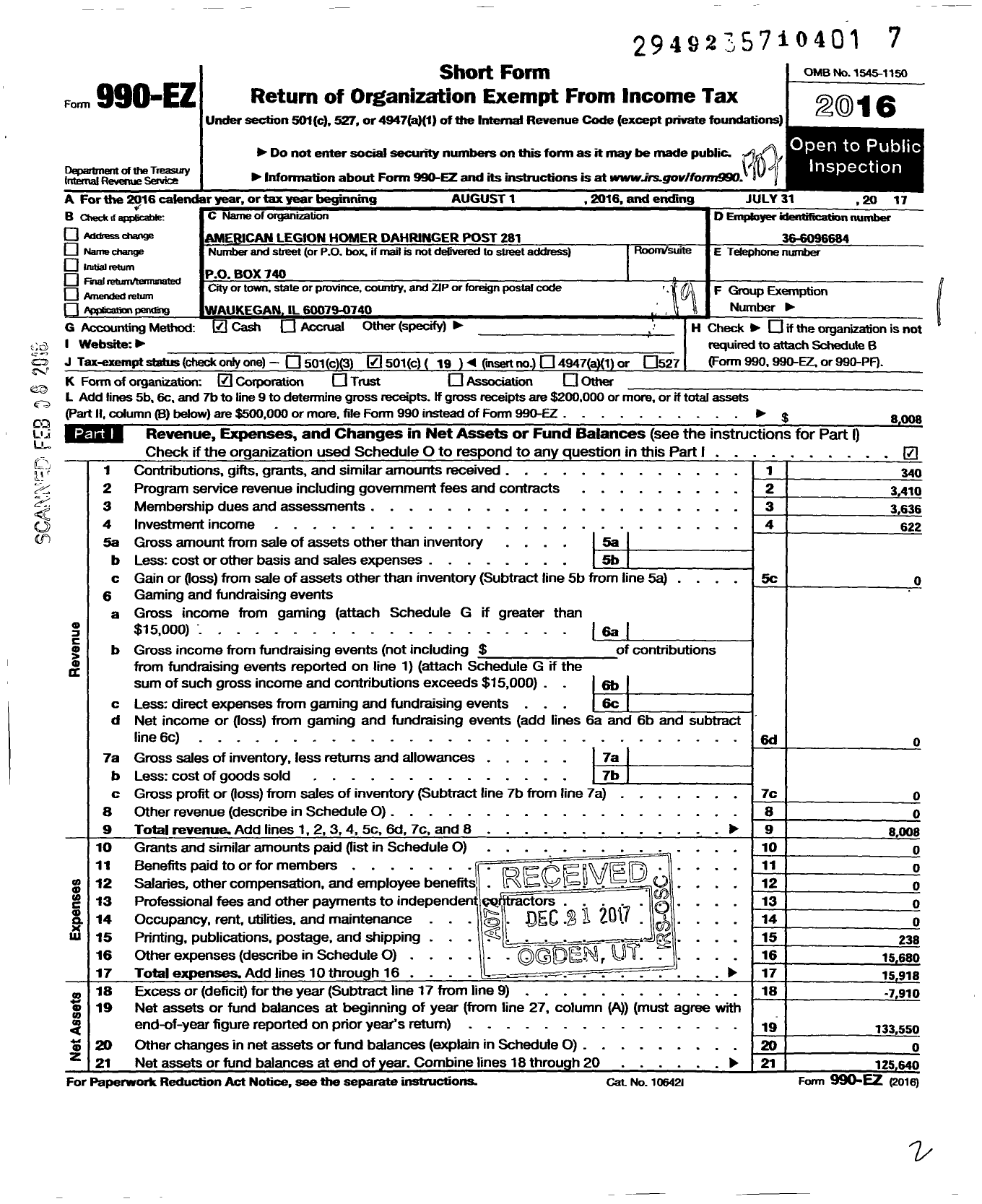 Image of first page of 2016 Form 990EO for American Legion - 0281 Homer Dahringer Post