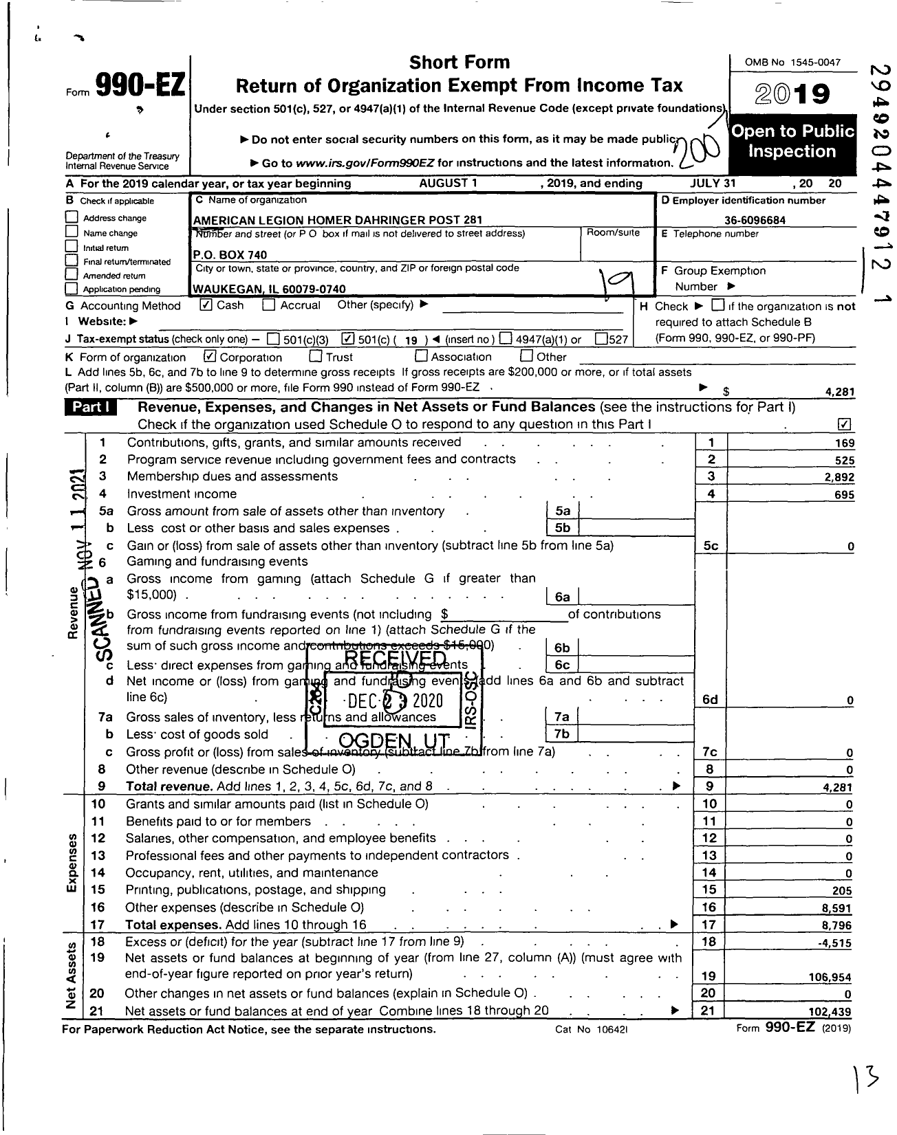 Image of first page of 2019 Form 990EO for American Legion - 0281 Homer Dahringer Post