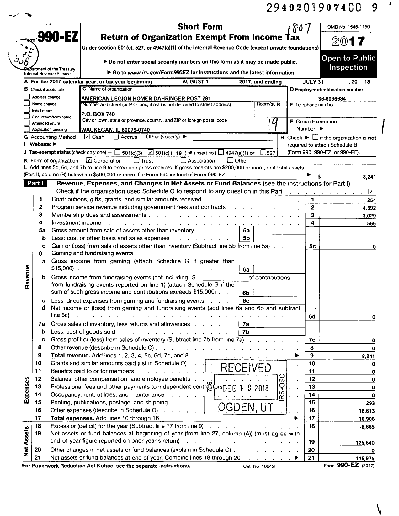 Image of first page of 2017 Form 990EO for American Legion - 0281 Homer Dahringer Post