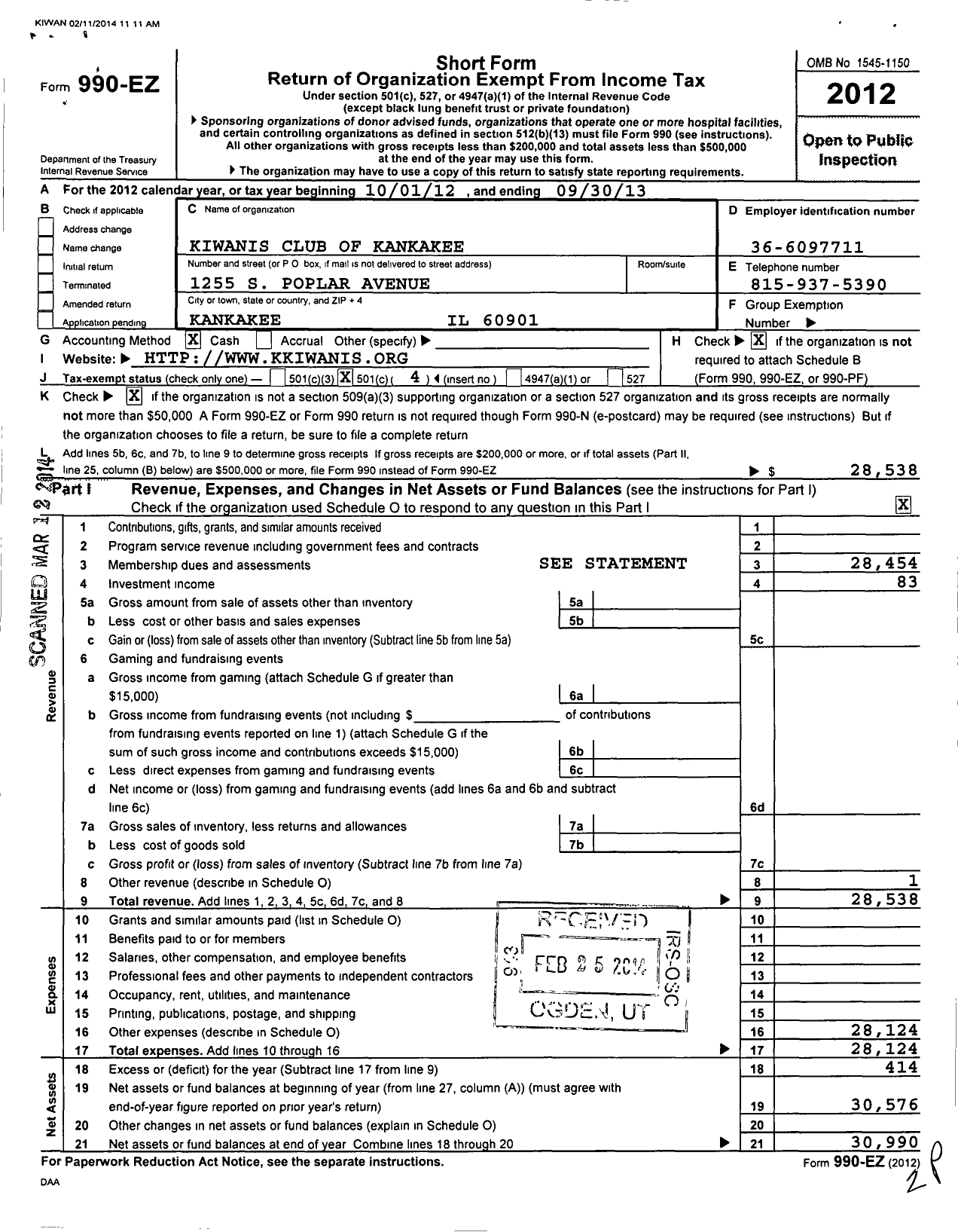Image of first page of 2012 Form 990EO for Kiwanis International - K00188 Kankakee