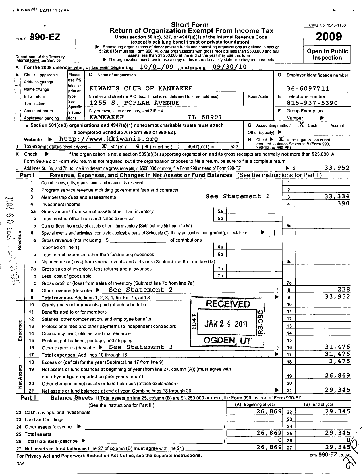 Image of first page of 2009 Form 990EO for Kiwanis International - K00188 Kankakee