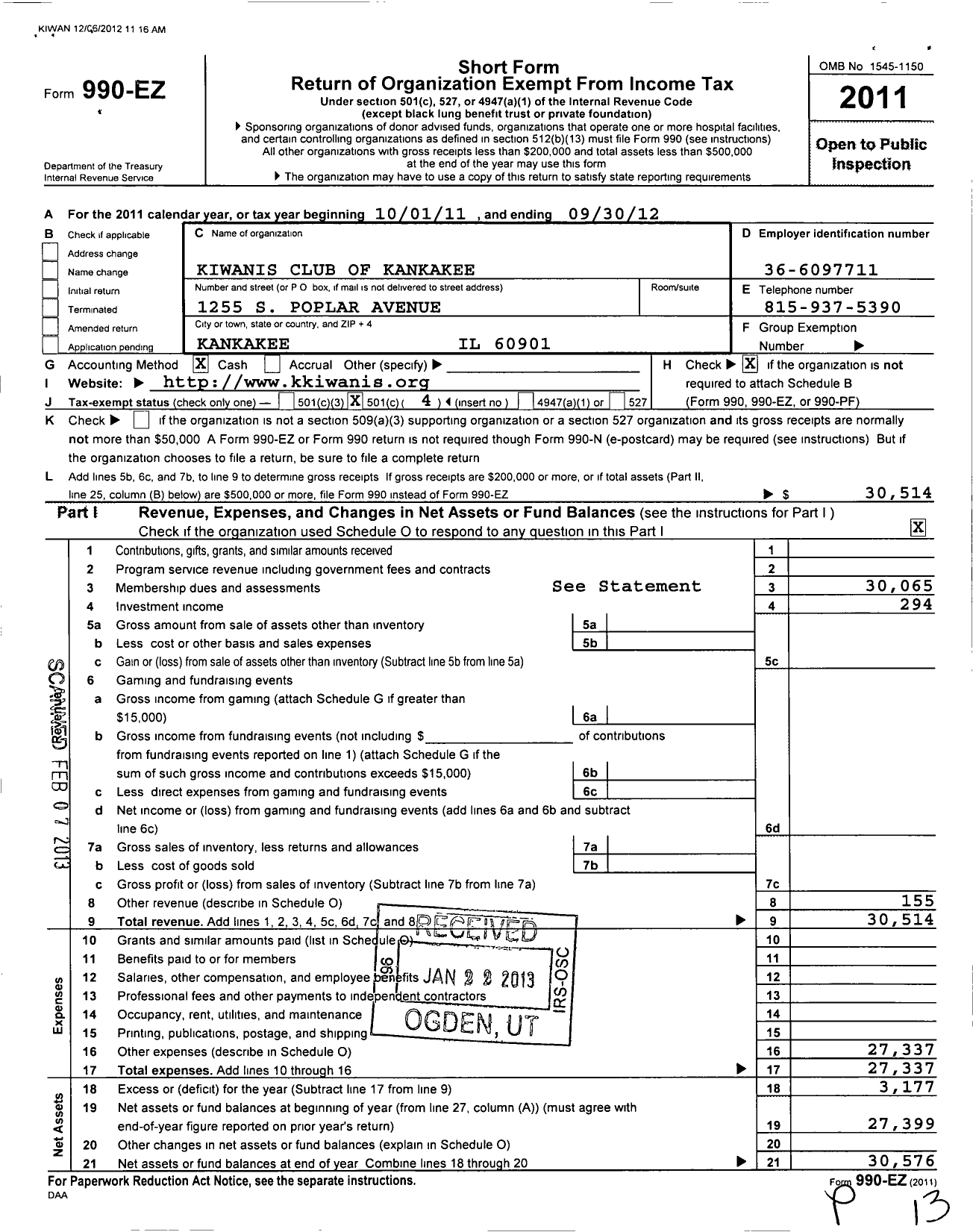 Image of first page of 2011 Form 990EO for Kiwanis International - K00188 Kankakee
