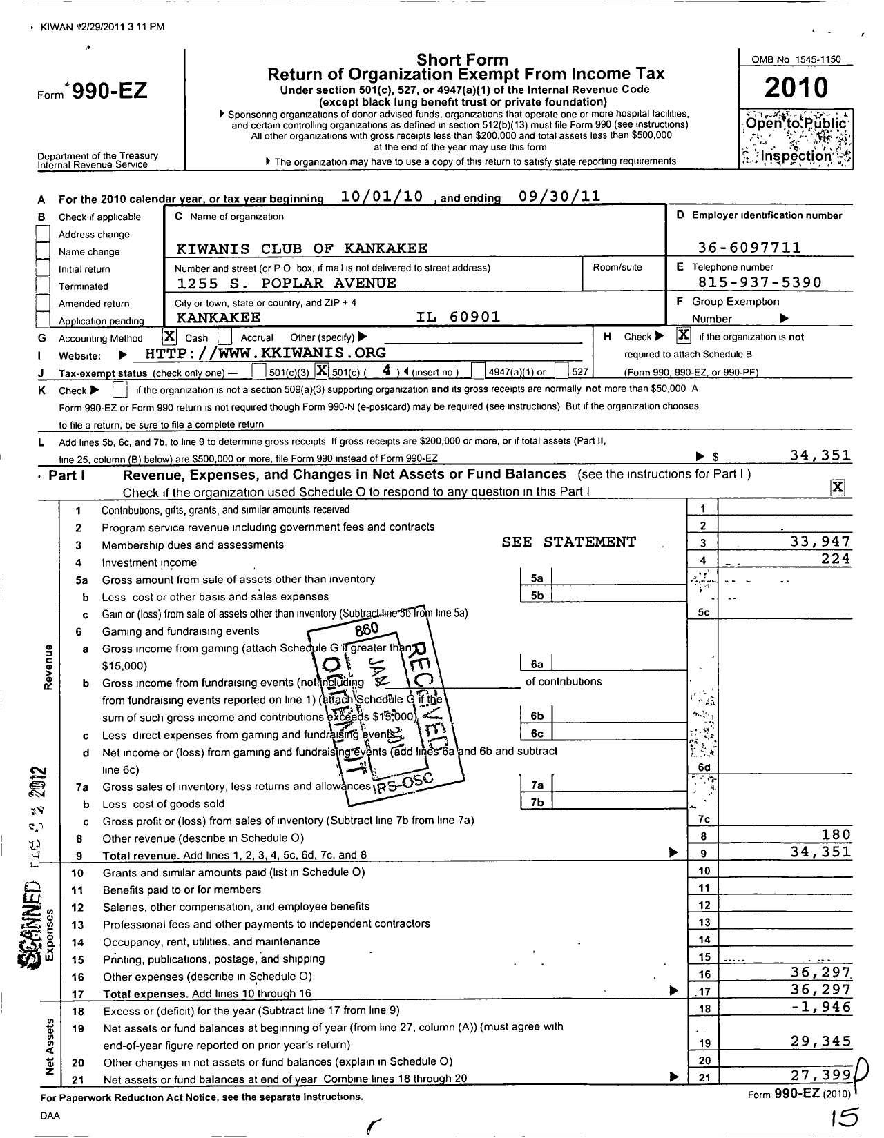 Image of first page of 2010 Form 990EO for Kiwanis International - K00188 Kankakee