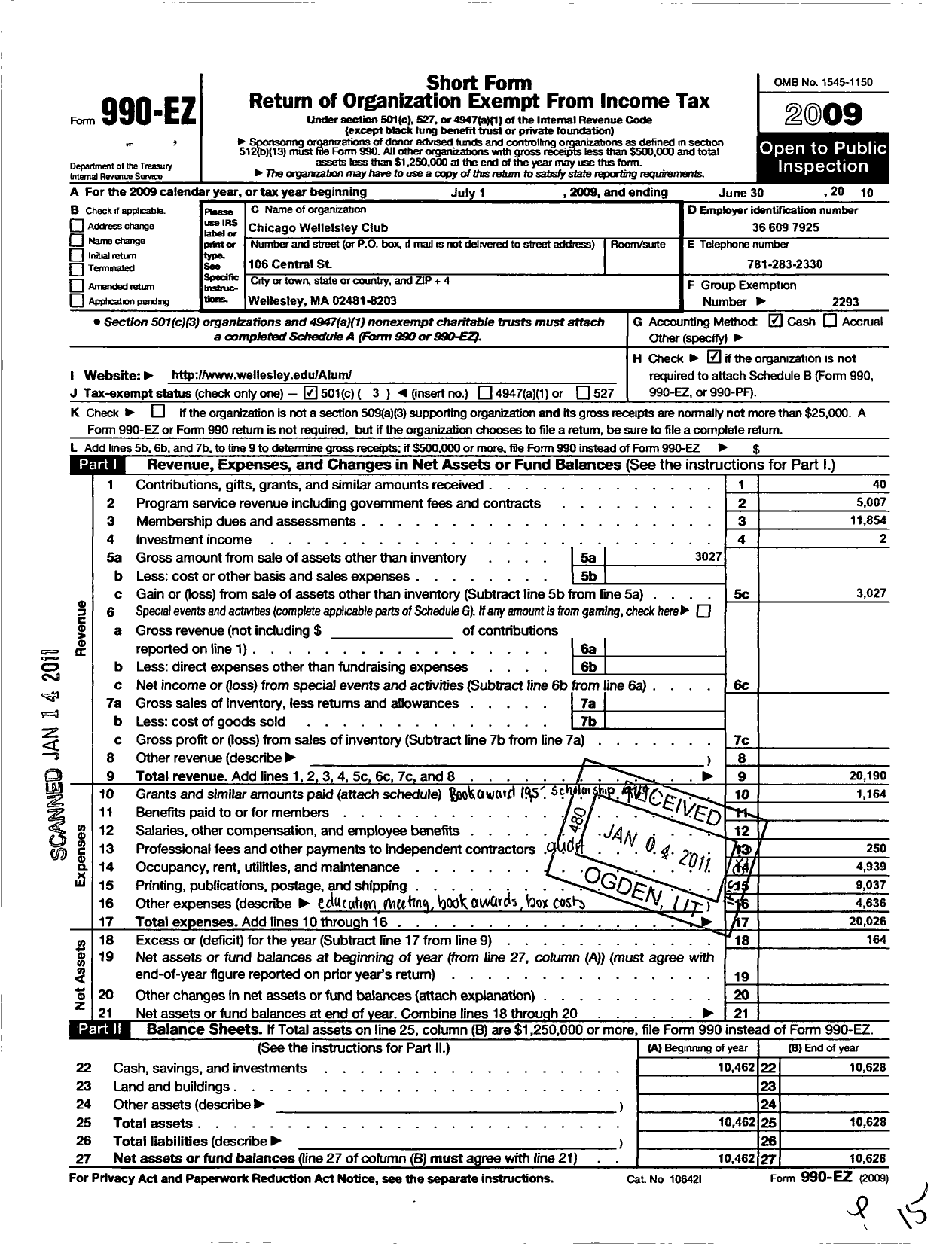 Image of first page of 2009 Form 990EZ for Wellesley College Alumnae Association / Chicago Wellesley Club