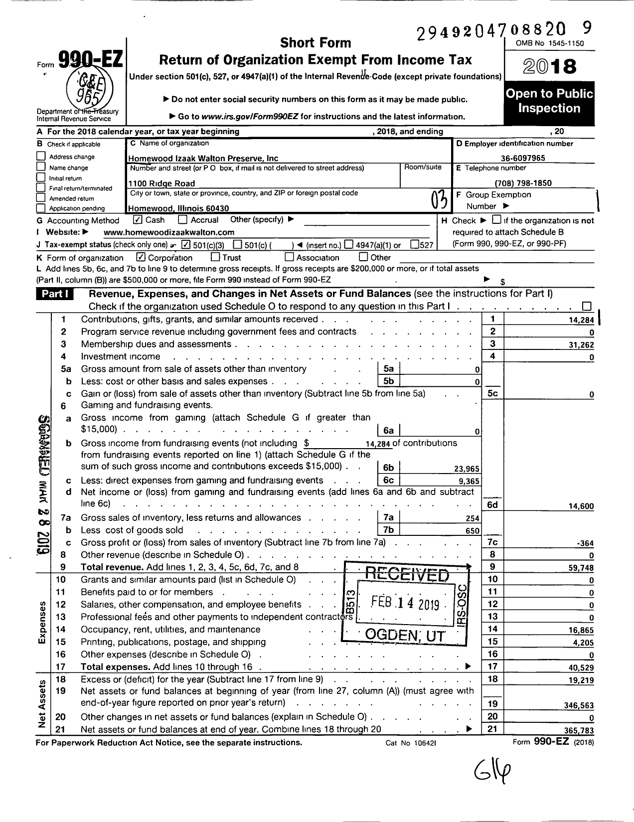 Image of first page of 2018 Form 990EZ for Homewood Izaak Walton Preserve