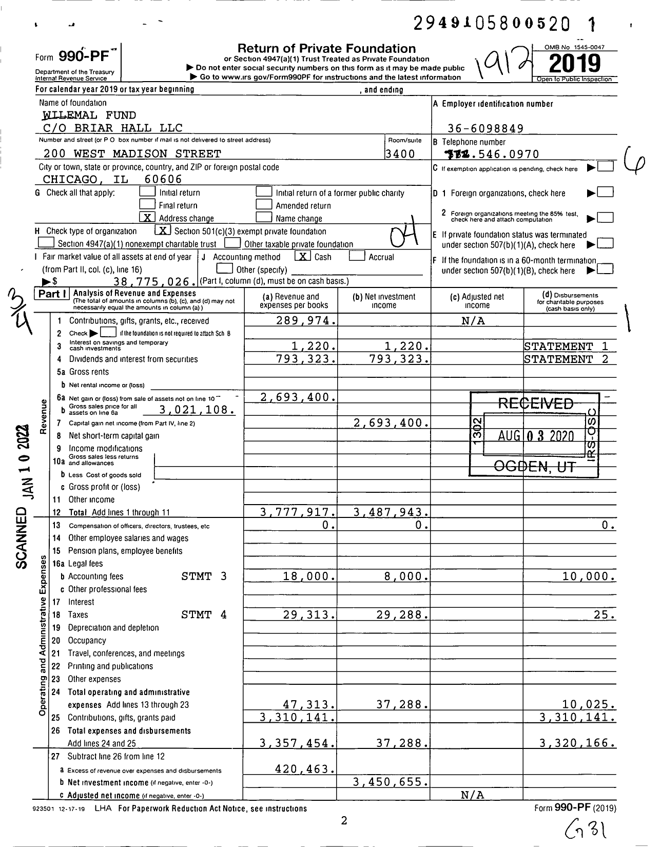Image of first page of 2019 Form 990PF for Wilemal Fund