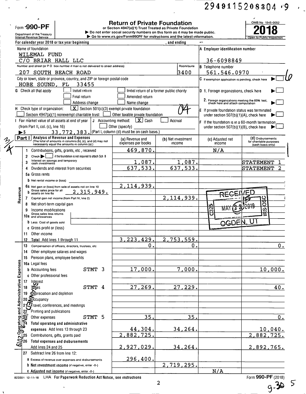 Image of first page of 2018 Form 990PF for Wilemal Fund