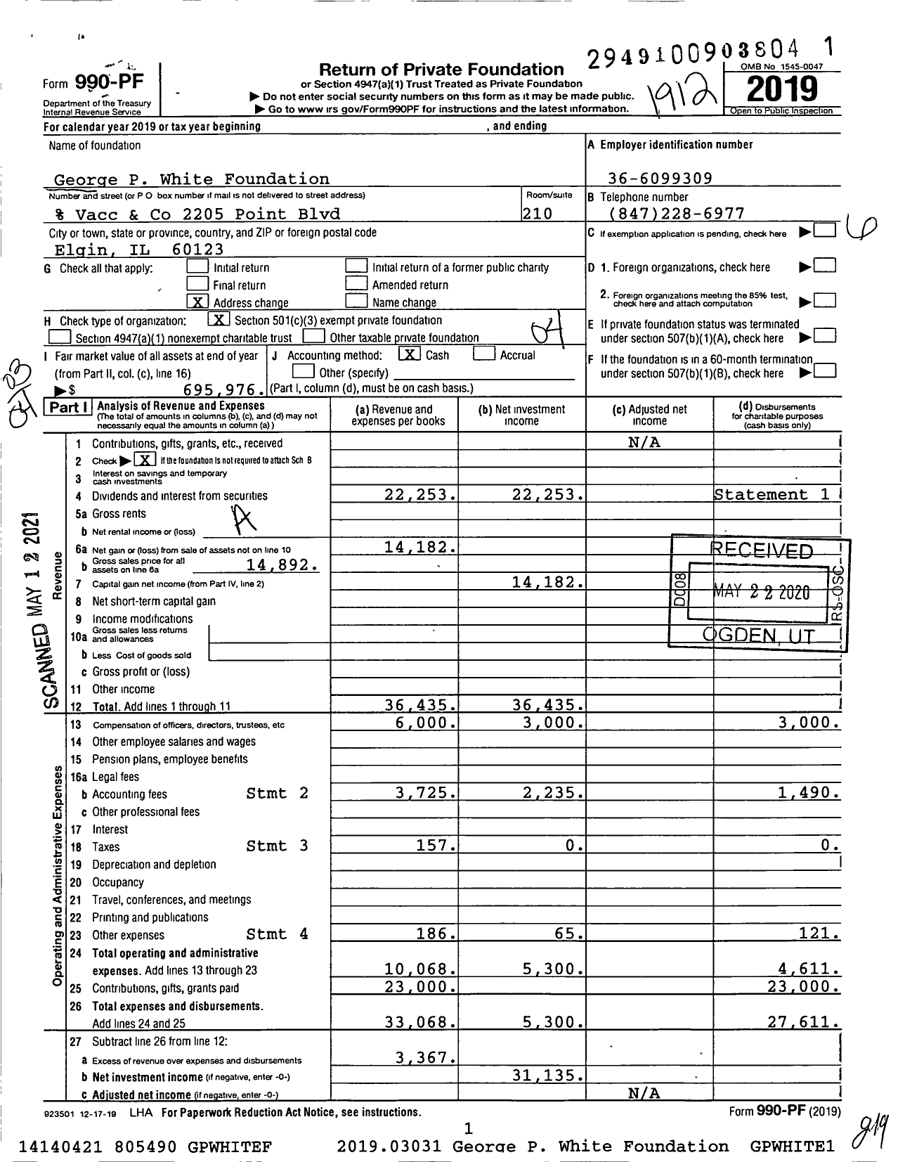 Image of first page of 2019 Form 990PF for George P White Foundation