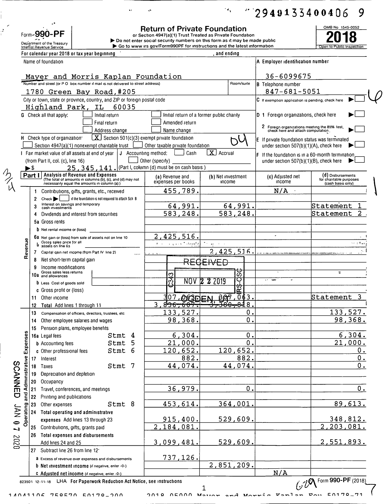 Image of first page of 2018 Form 990PF for Mayer & Morris Kaplan Foundation