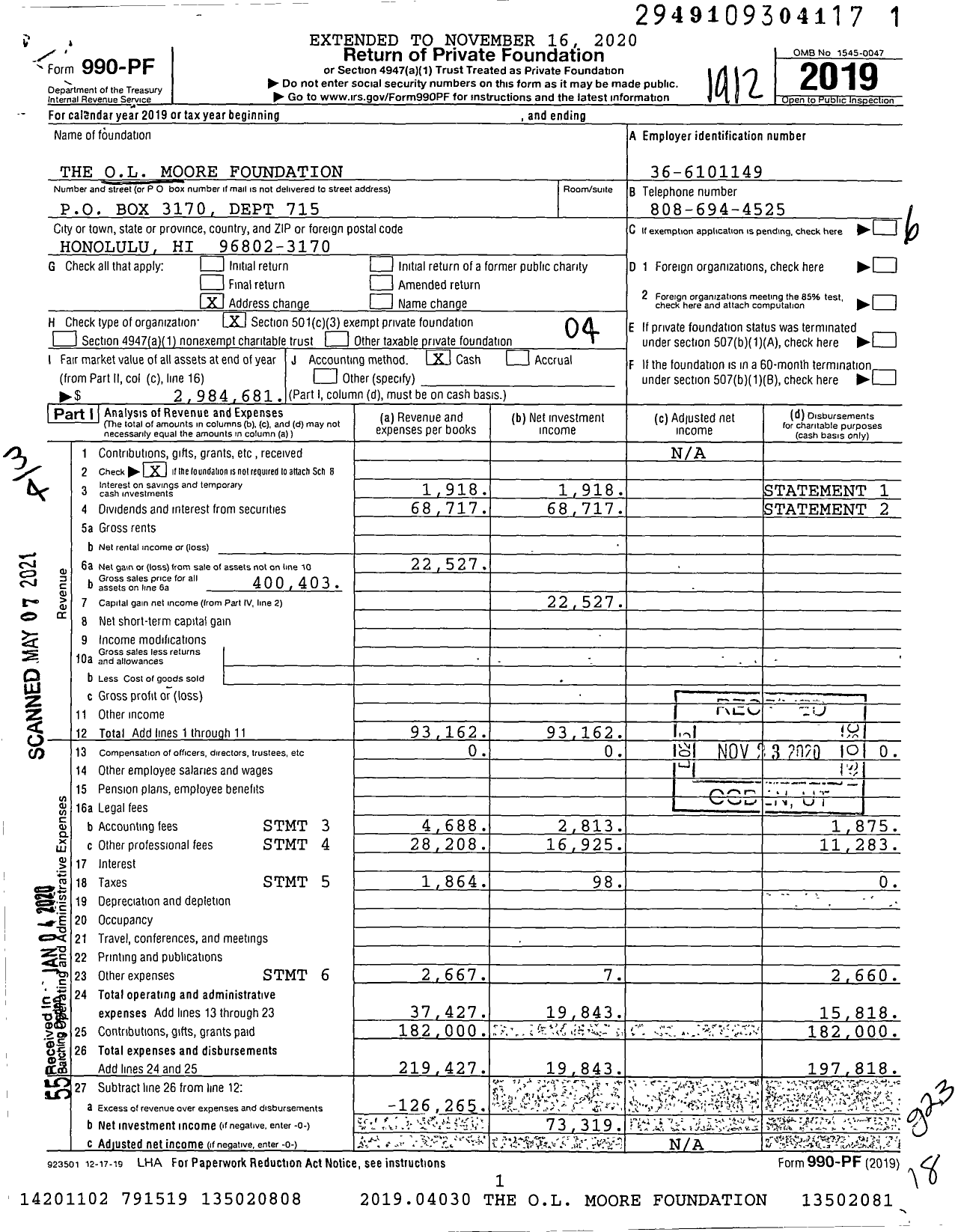 Image of first page of 2019 Form 990PF for The OL Moore Foundation