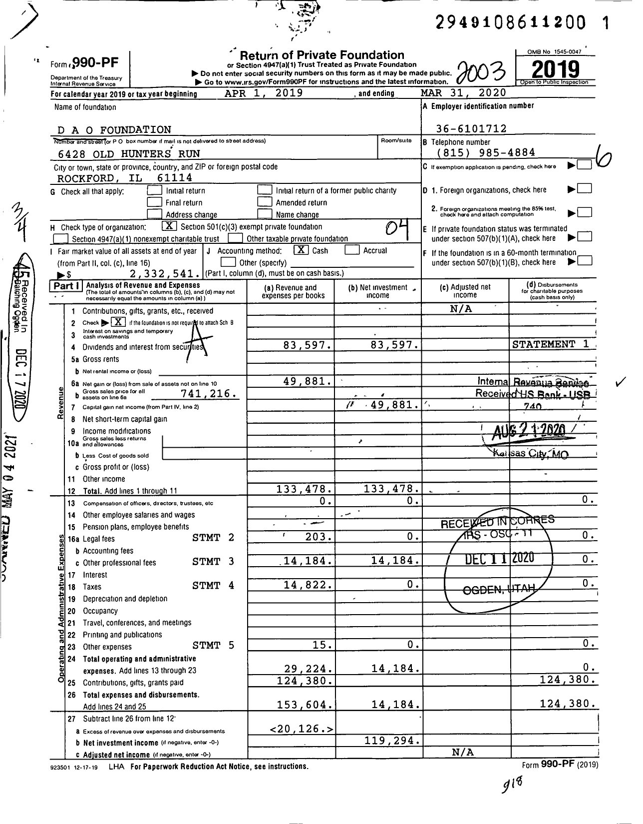 Image of first page of 2019 Form 990PF for D A O Foundation in Care of Aircraft Gear Corporation