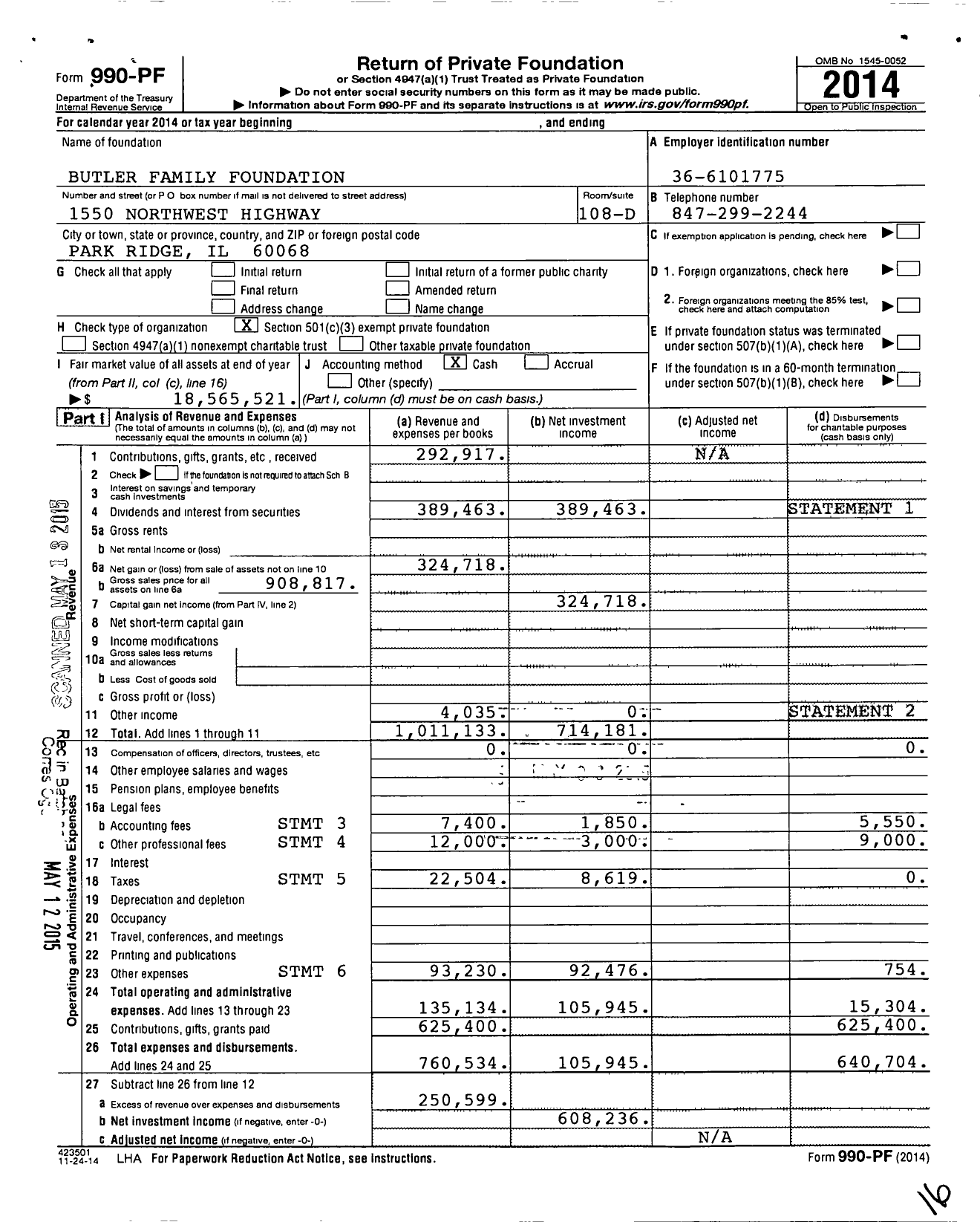 Image of first page of 2014 Form 990PF for Butler Family Foundation