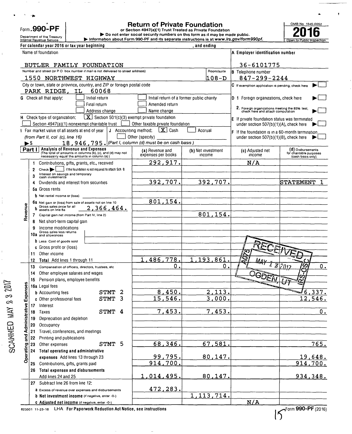 Image of first page of 2016 Form 990PF for Butler Family Foundation