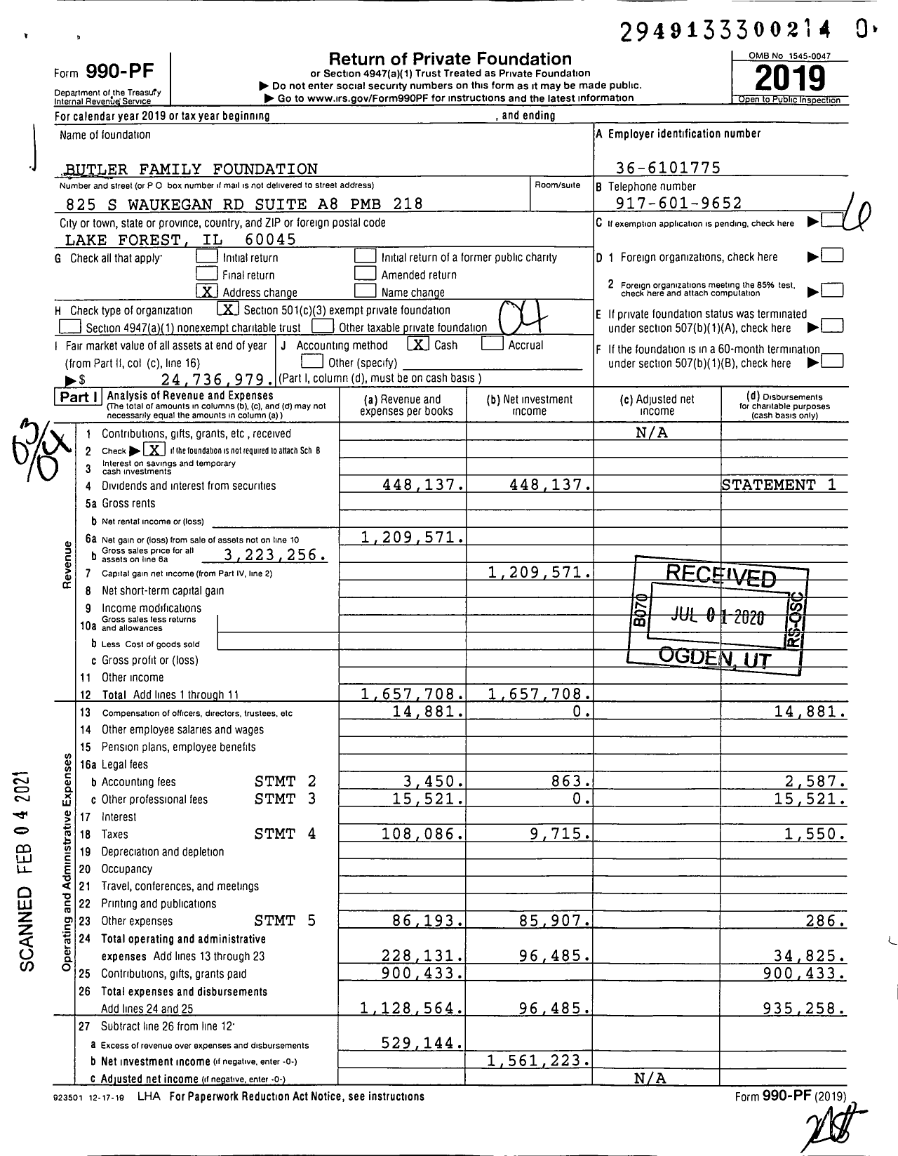 Image of first page of 2019 Form 990PF for Butler Family Foundation