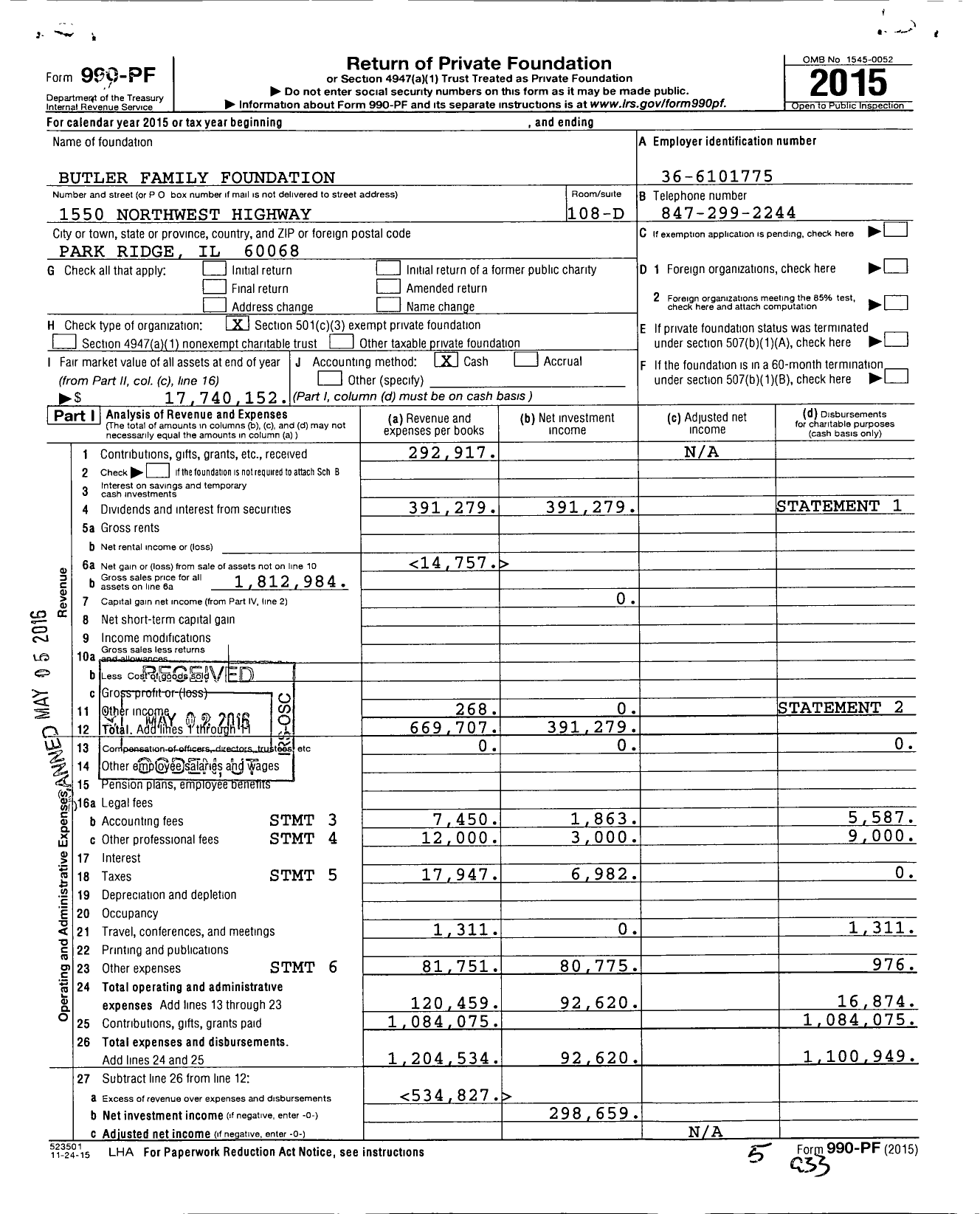 Image of first page of 2015 Form 990PF for Butler Family Foundation
