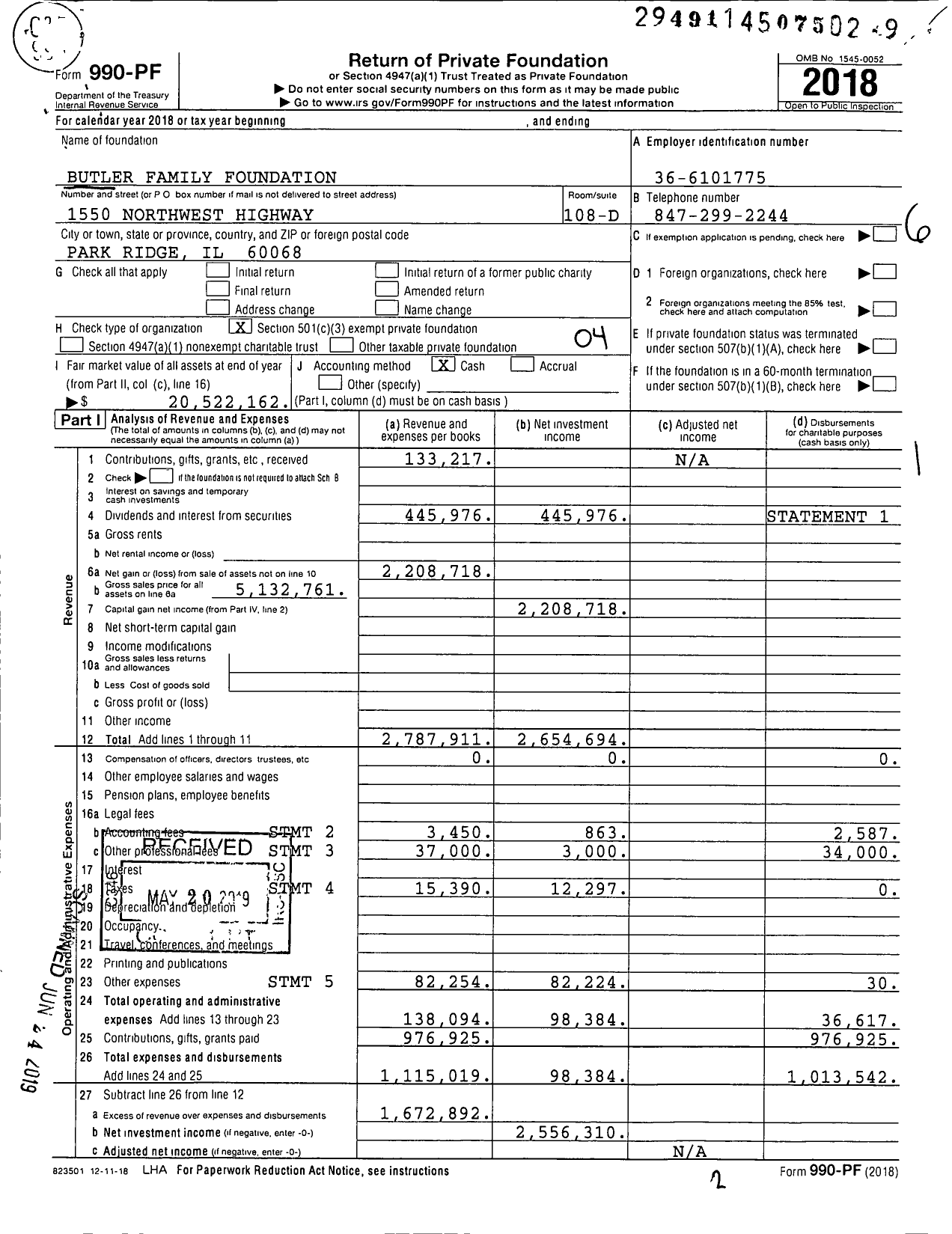 Image of first page of 2018 Form 990PF for Butler Family Foundation