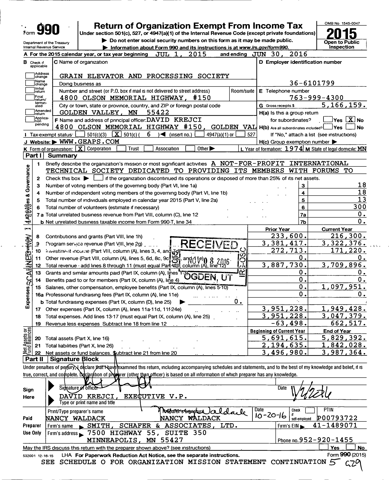 Image of first page of 2015 Form 990O for Grain Elevator and Processing Society (GEAPS)