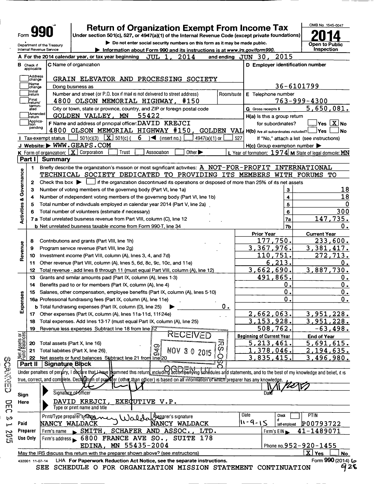 Image of first page of 2014 Form 990O for Grain Elevator and Processing Society (GEAPS)