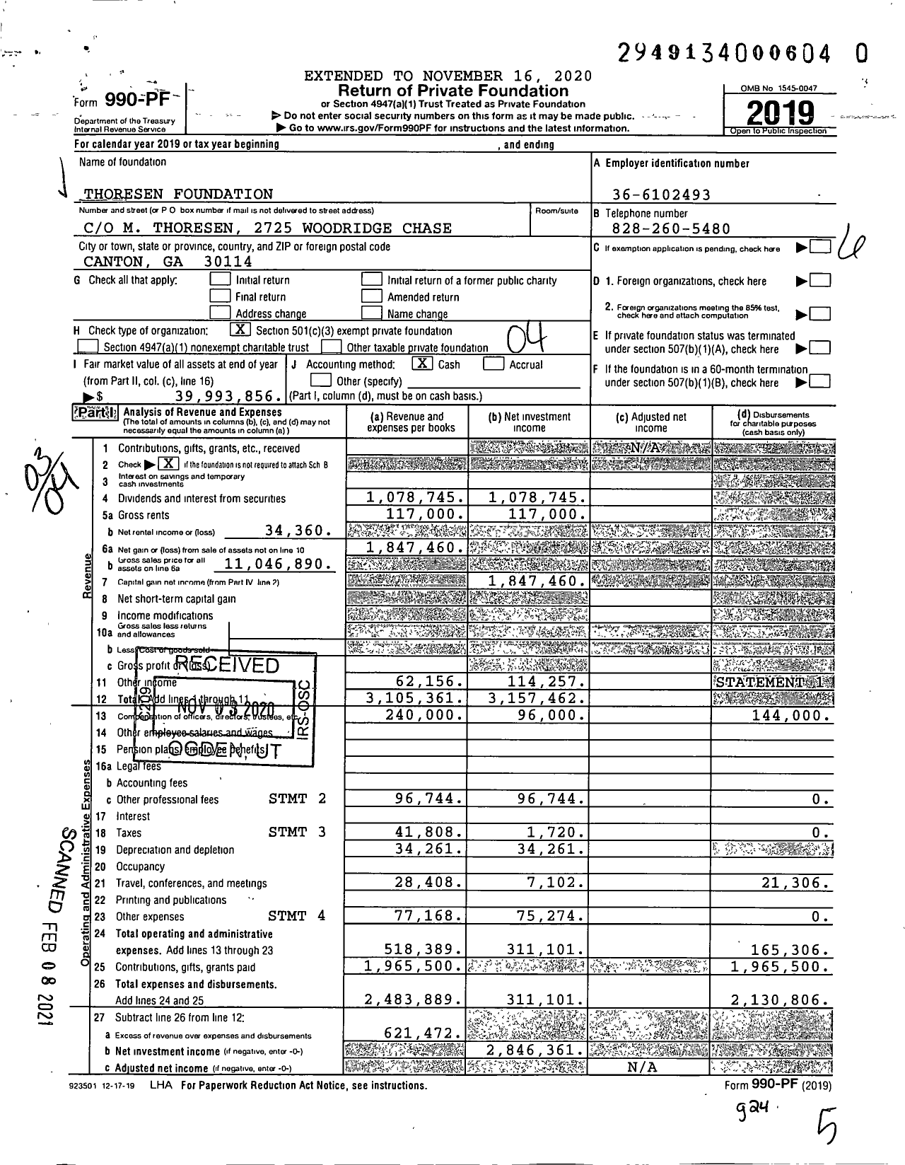 Image of first page of 2019 Form 990PF for Thoresen Foundation