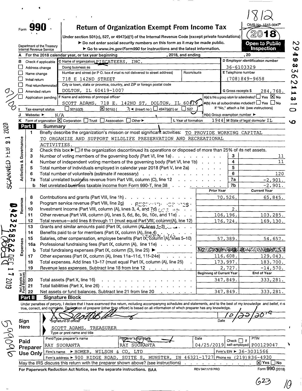 Image of first page of 2018 Form 990O for Piscateers