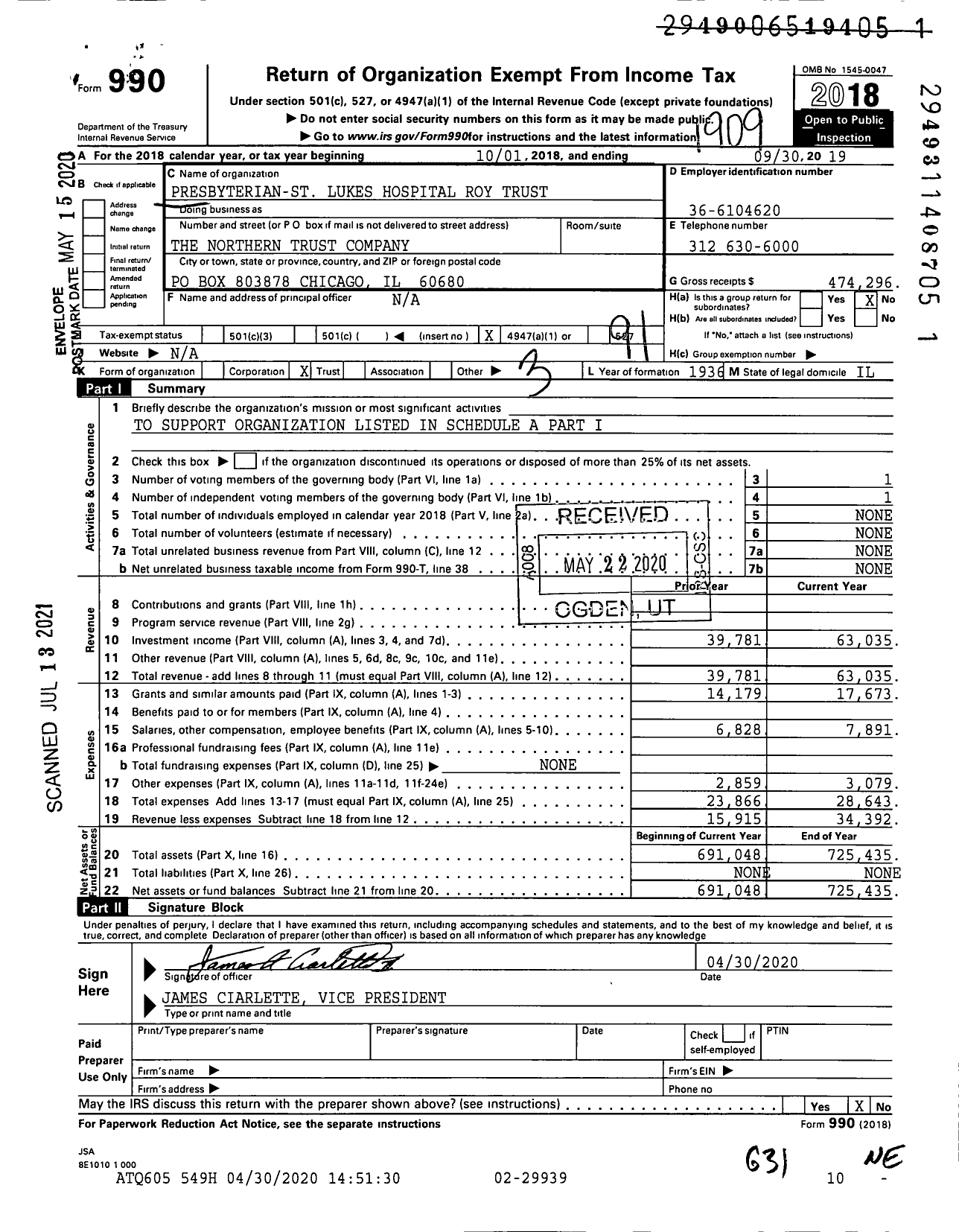 Image of first page of 2018 Form 990O for Presbyterian-St Lukes Hospital Roy Trust