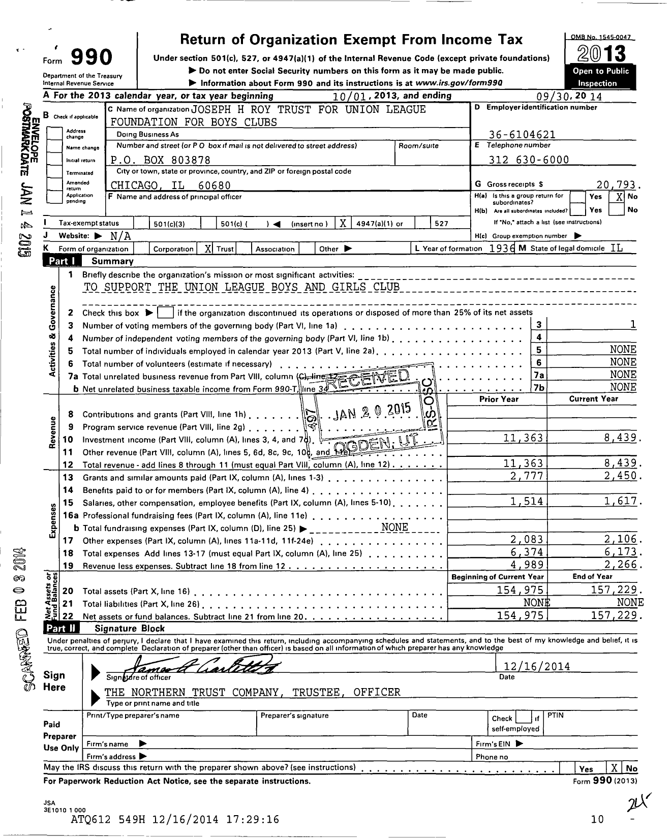 Image of first page of 2013 Form 990O for Joseph H Roy Trust for Union League Foundation for Boys Clubs