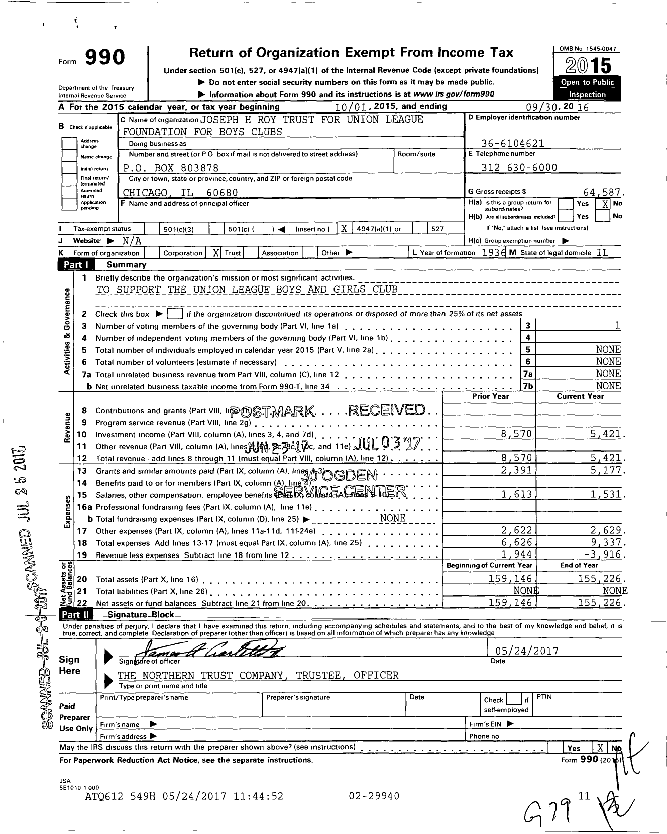 Image of first page of 2015 Form 990O for Joseph H Roy Trust for Union League Foundation for Boys Clubs