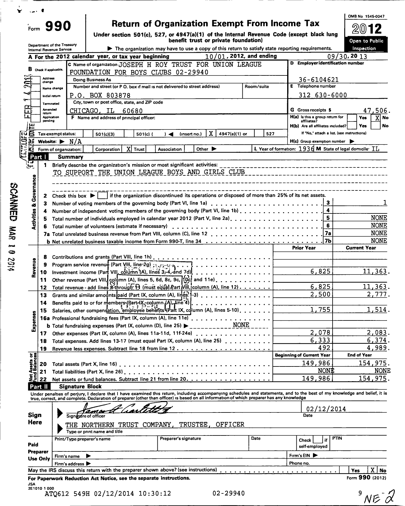 Image of first page of 2012 Form 990O for Joseph H Roy Trust for Union League Foundation for Boys Clubs