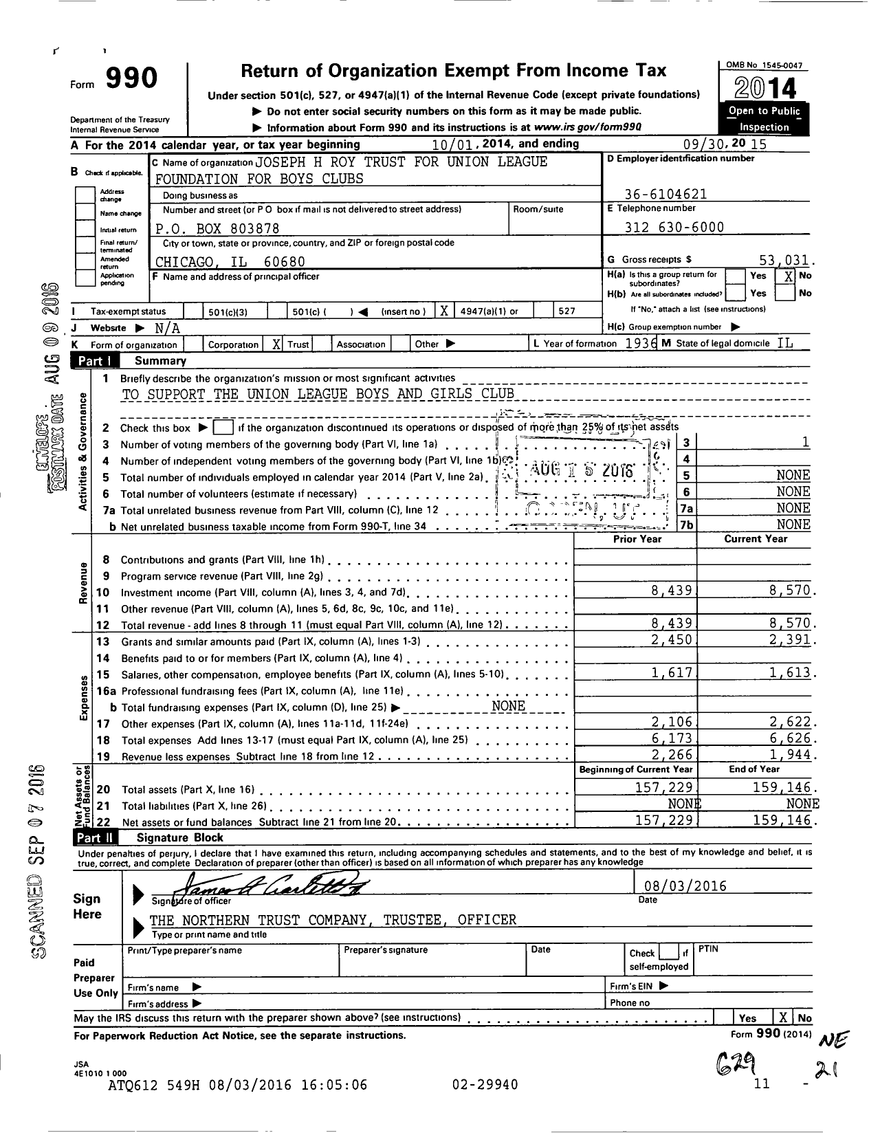 Image of first page of 2014 Form 990O for Joseph H Roy Trust for Union League Foundation for Boys Clubs