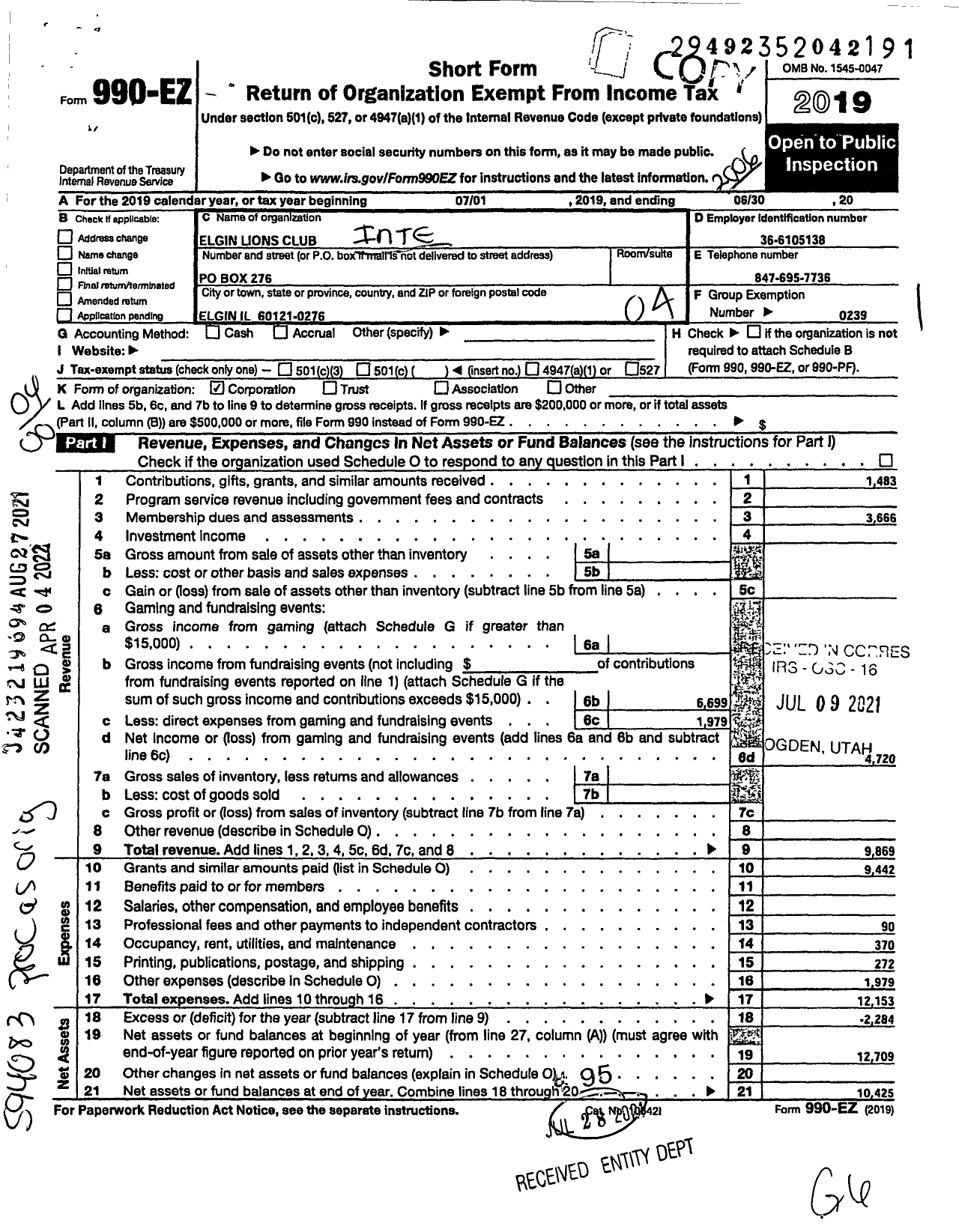 Image of first page of 2019 Form 990EO for Lions Clubs - 532 Elgin