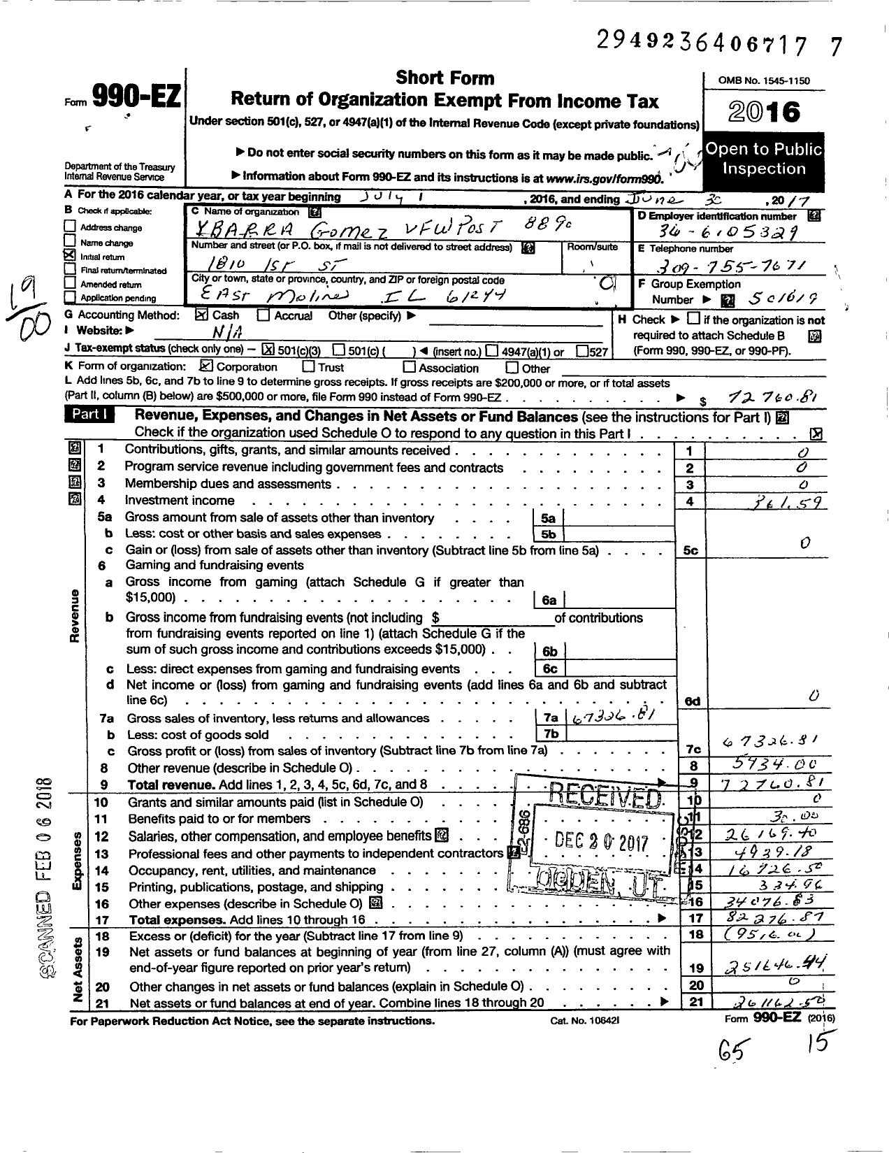 Image of first page of 2016 Form 990EO for VFW Dept of Illinois - 8890 Ybarra-Gomez