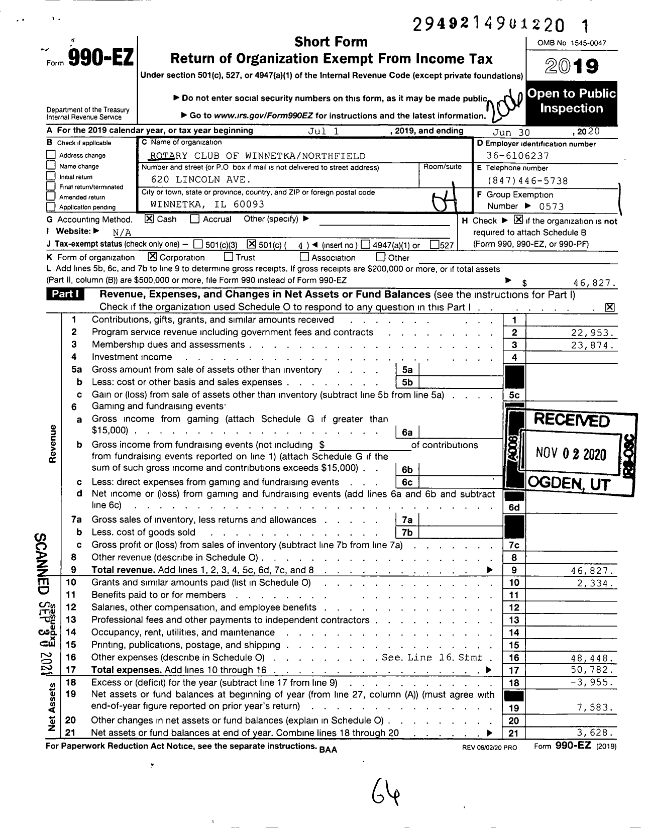 Image of first page of 2019 Form 990EO for Rotary International - Rotary Club of Winnetka-Northfield