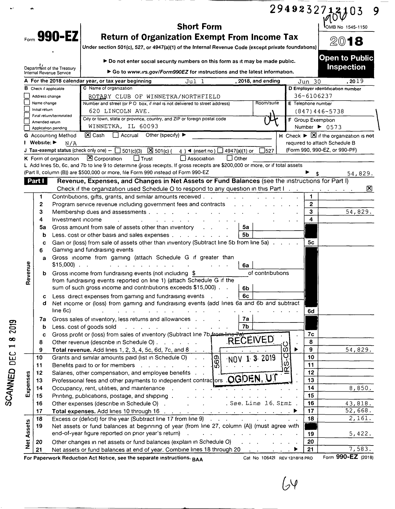 Image of first page of 2018 Form 990EO for Rotary International - Rotary Club of Winnetka-Northfield