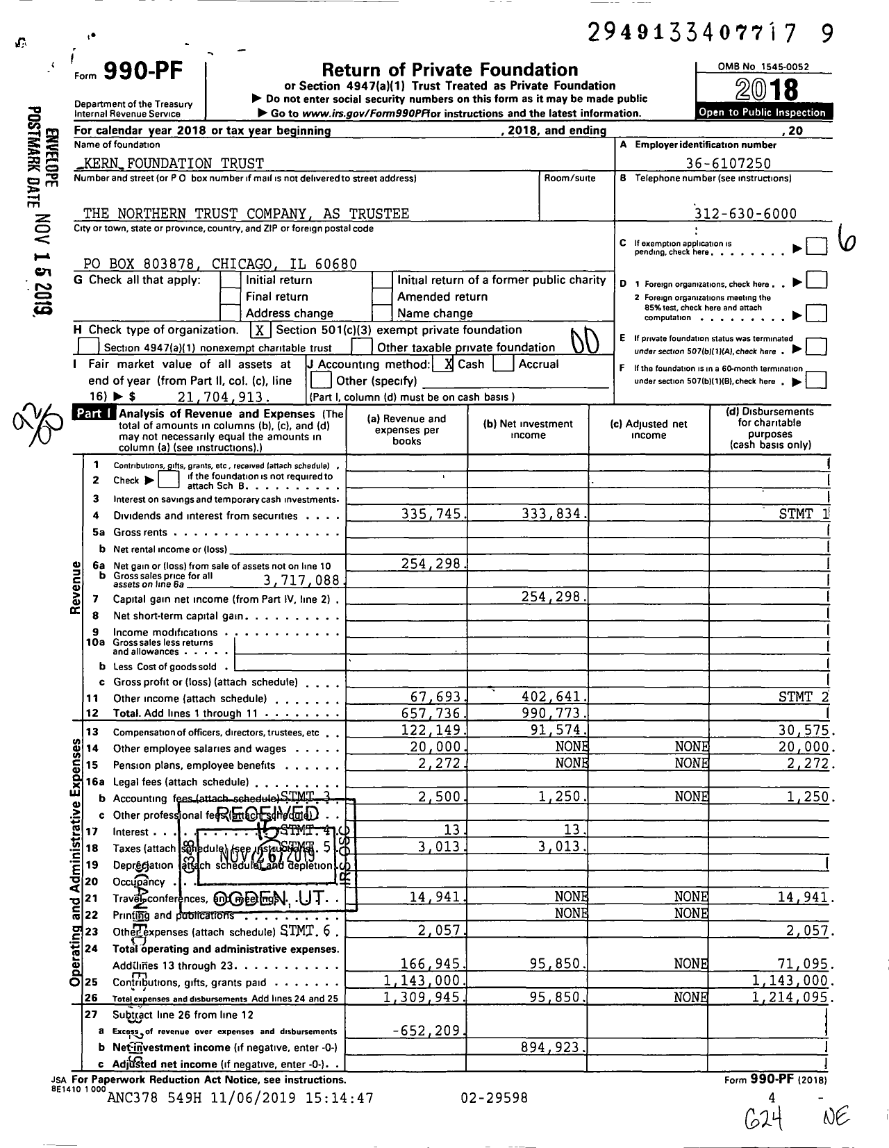 Image of first page of 2018 Form 990PF for Kern Foundation Trust