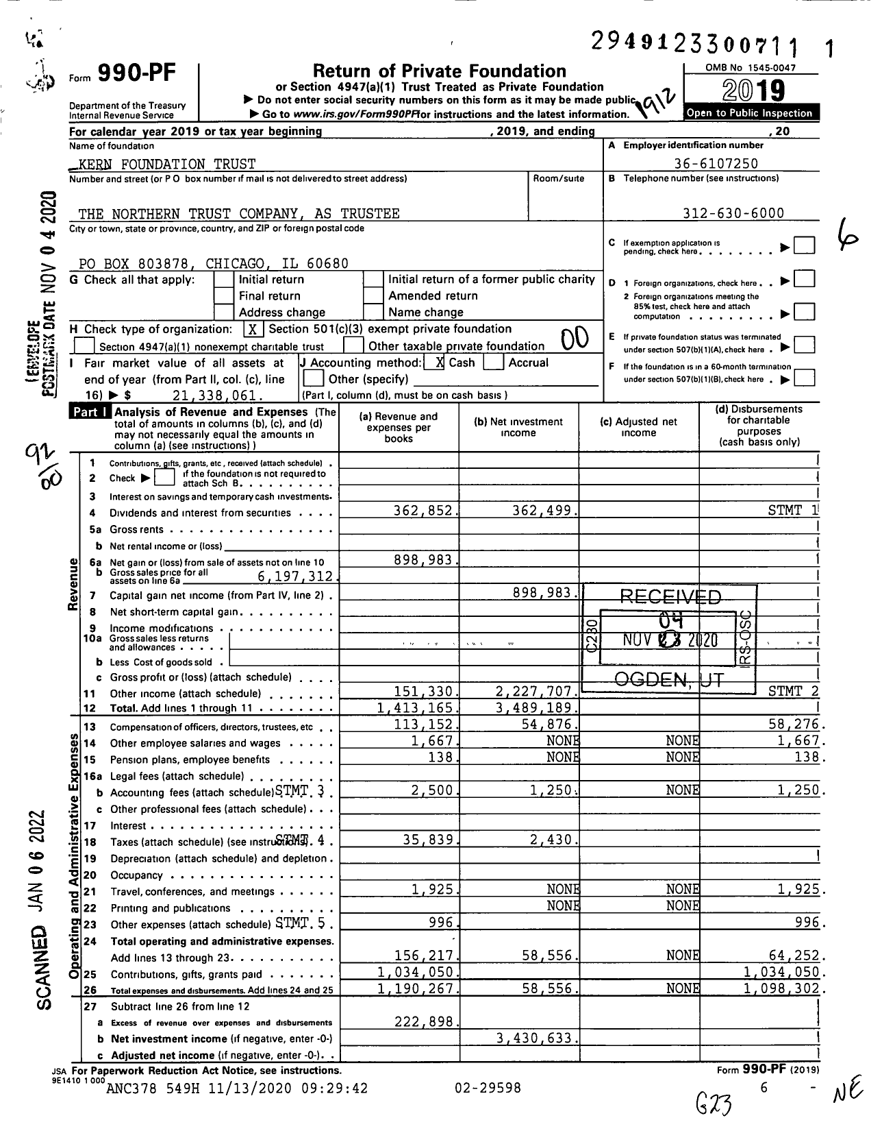 Image of first page of 2019 Form 990PF for Kern Foundation Trust