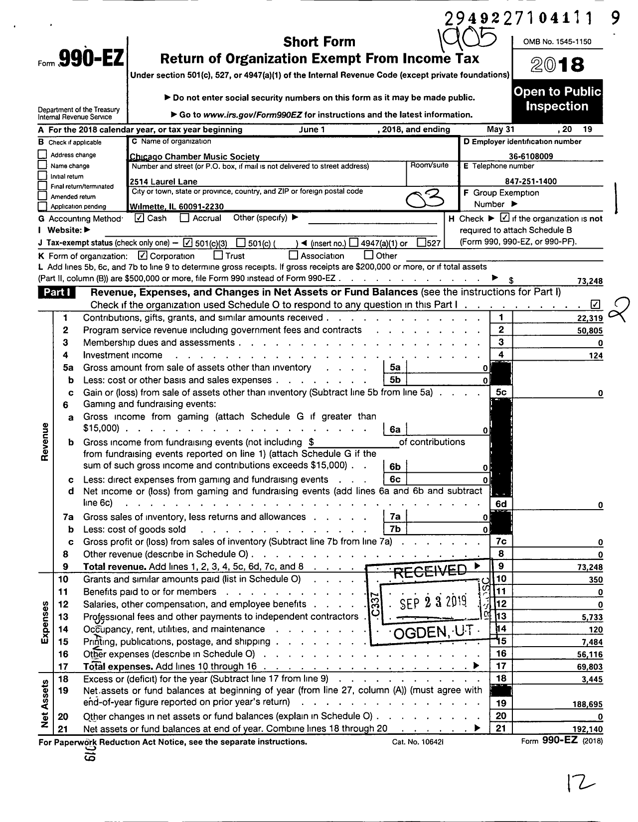 Image of first page of 2018 Form 990EZ for The Chicago Chamber Music Society