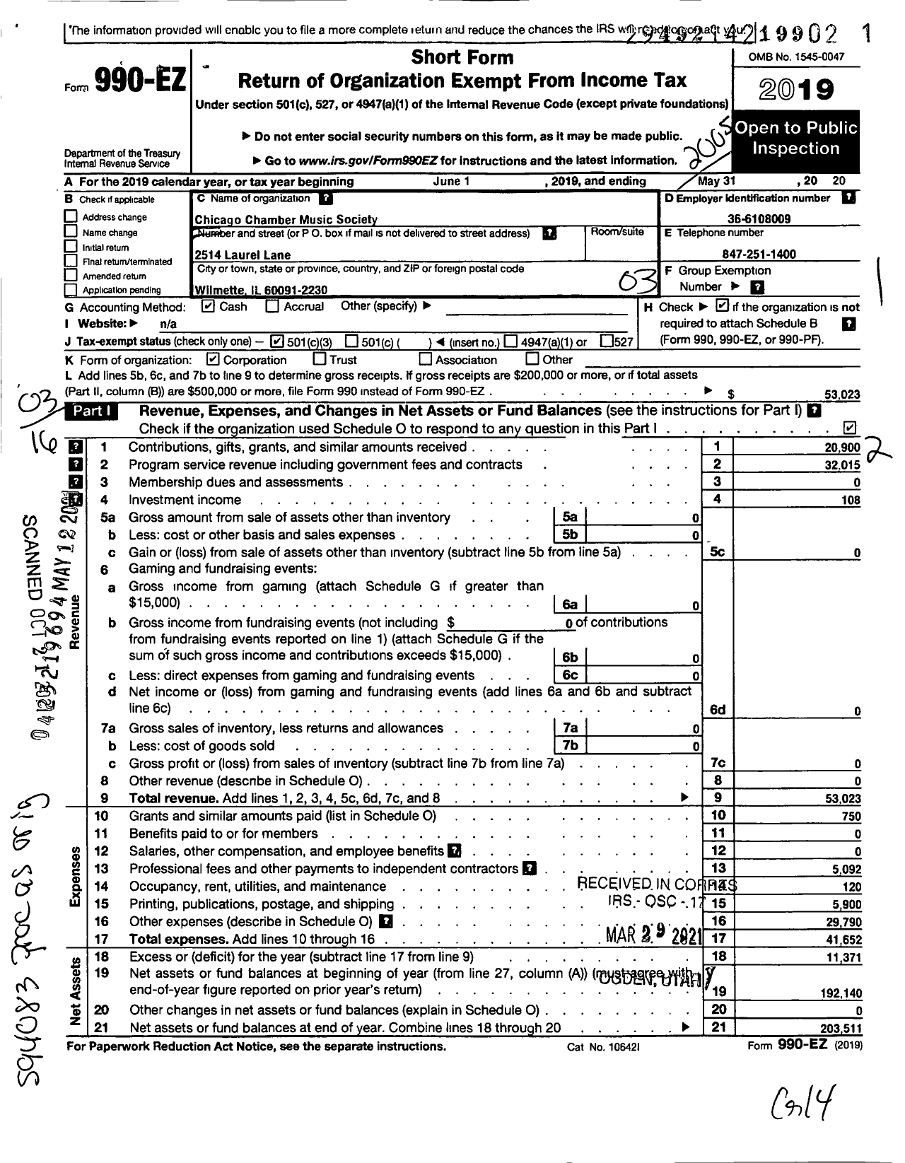 Image of first page of 2019 Form 990EZ for The Chicago Chamber Music Society