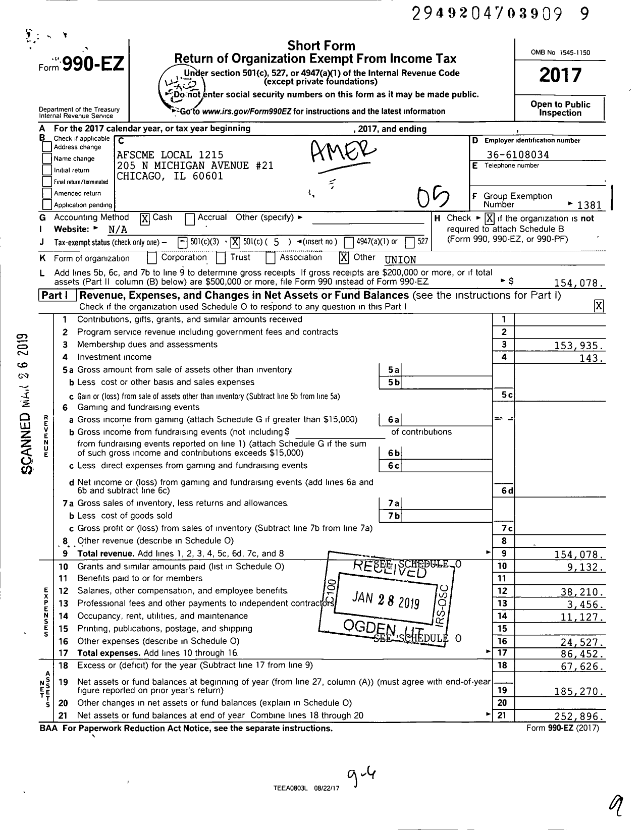 Image of first page of 2017 Form 990EO for AFSCME Local 1215