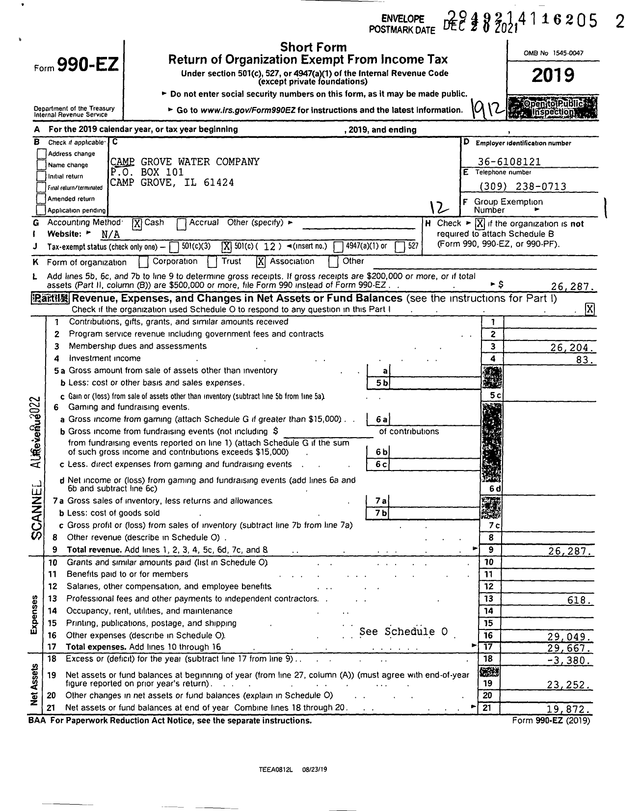 Image of first page of 2019 Form 990EO for Camp Grove Water Company