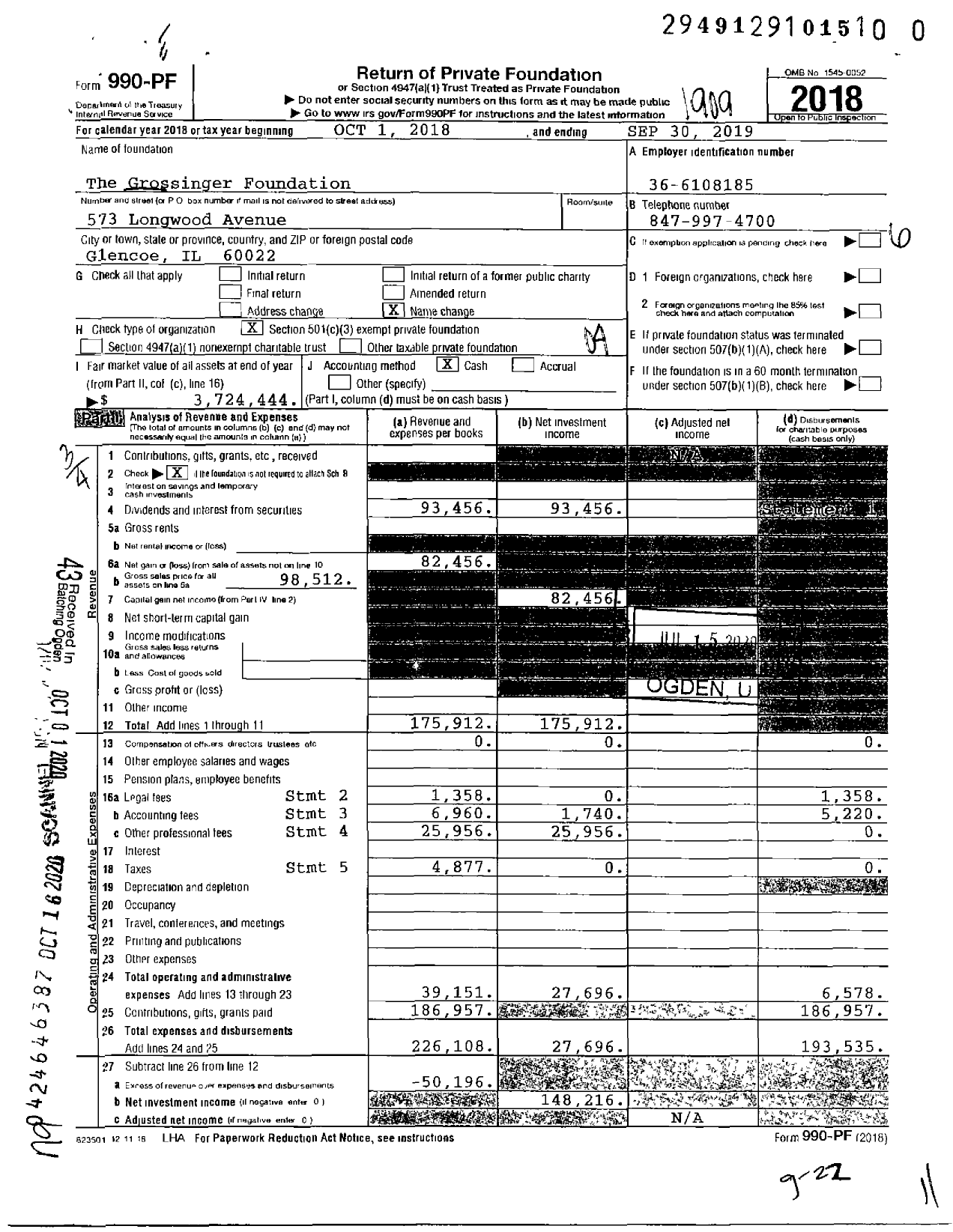 Image of first page of 2018 Form 990PF for The Grossinger Foundation