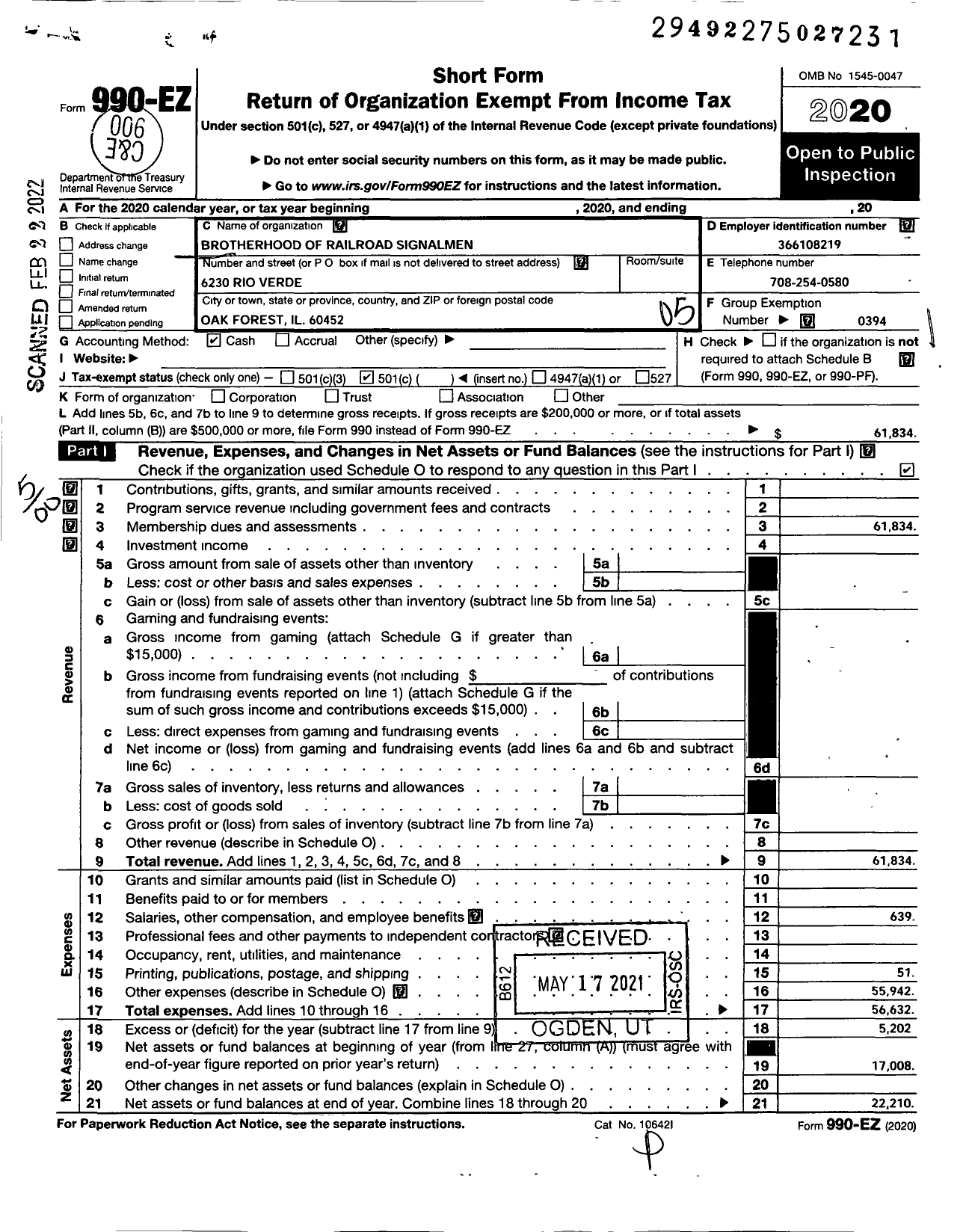 Image of first page of 2020 Form 990EO for BROTHERHOOD OF RAILROAD SIGNALMEN - 194 Belt Railway Local