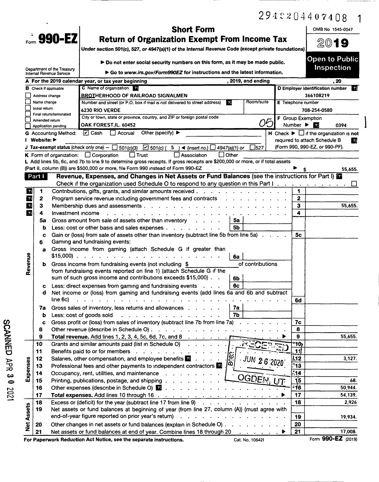 Image of first page of 2019 Form 990EO for BROTHERHOOD OF RAILROAD SIGNALMEN - 194 Belt Railway Local